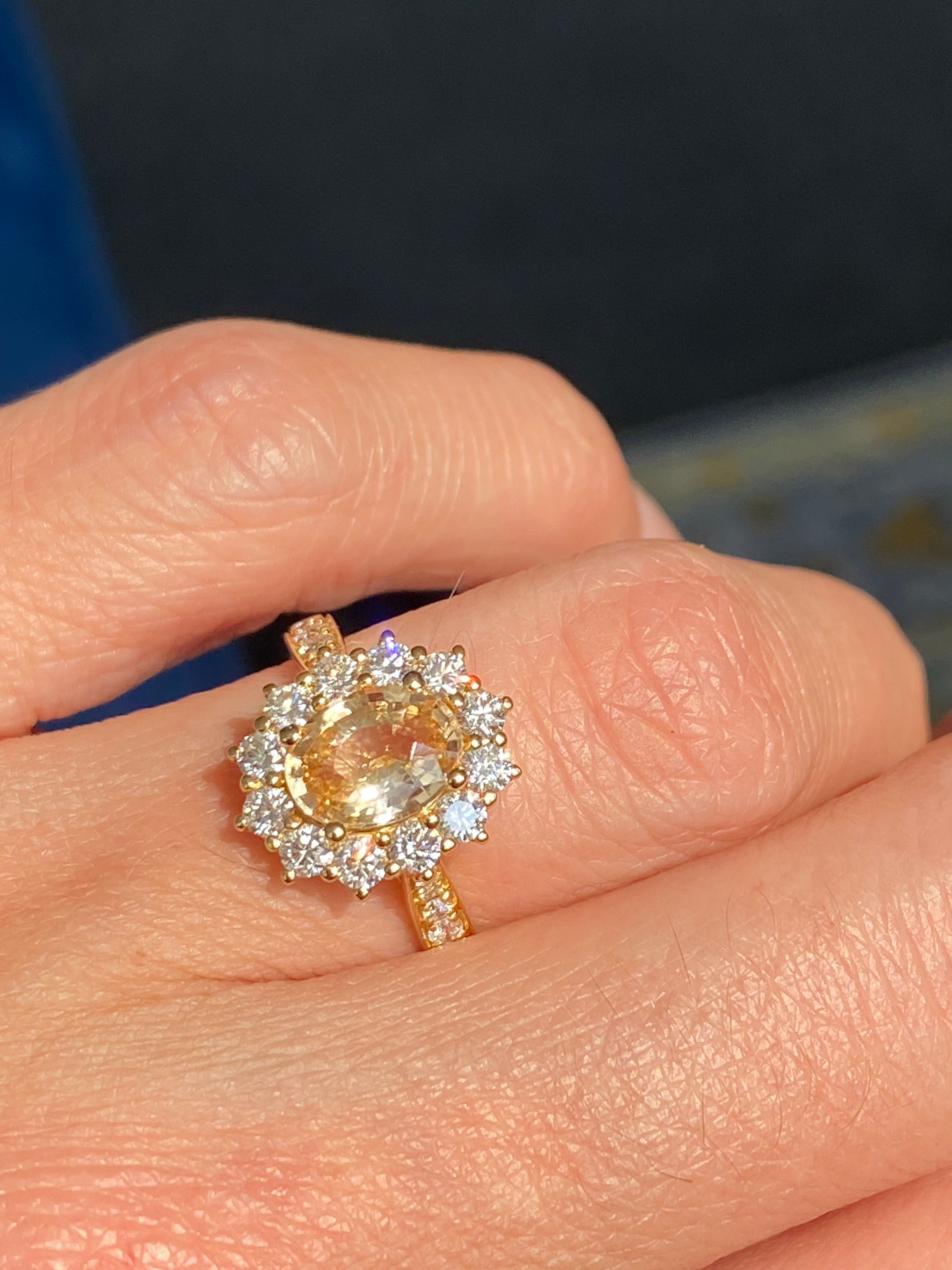 2.24 CTW Peach Sapphire and Natural Diamond Halo Ring in 18ct Yellow Gold