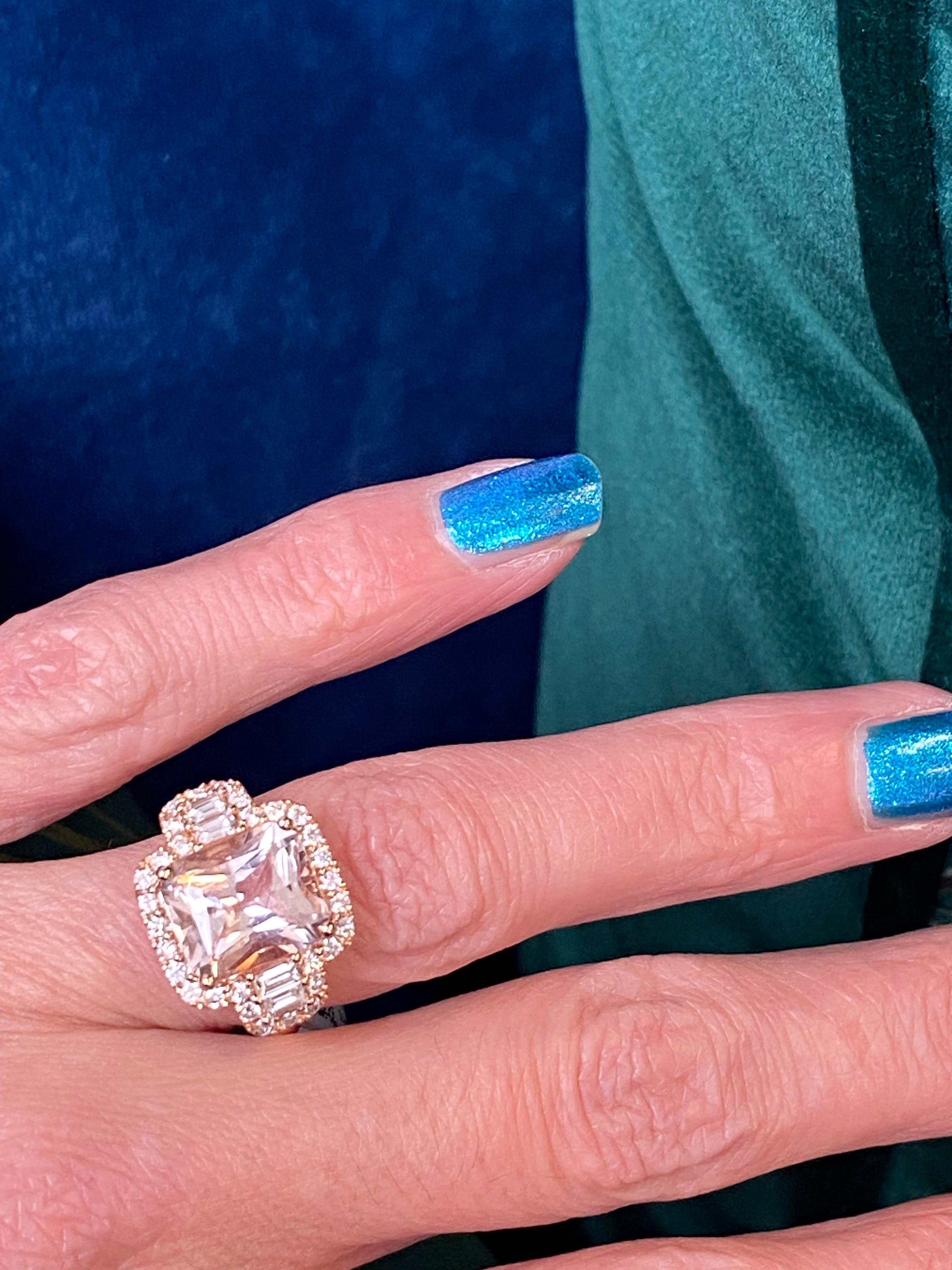 4.66 CTW Radiant Cut Morganite and Natural Diamond Ring in 18ct Rose Gold