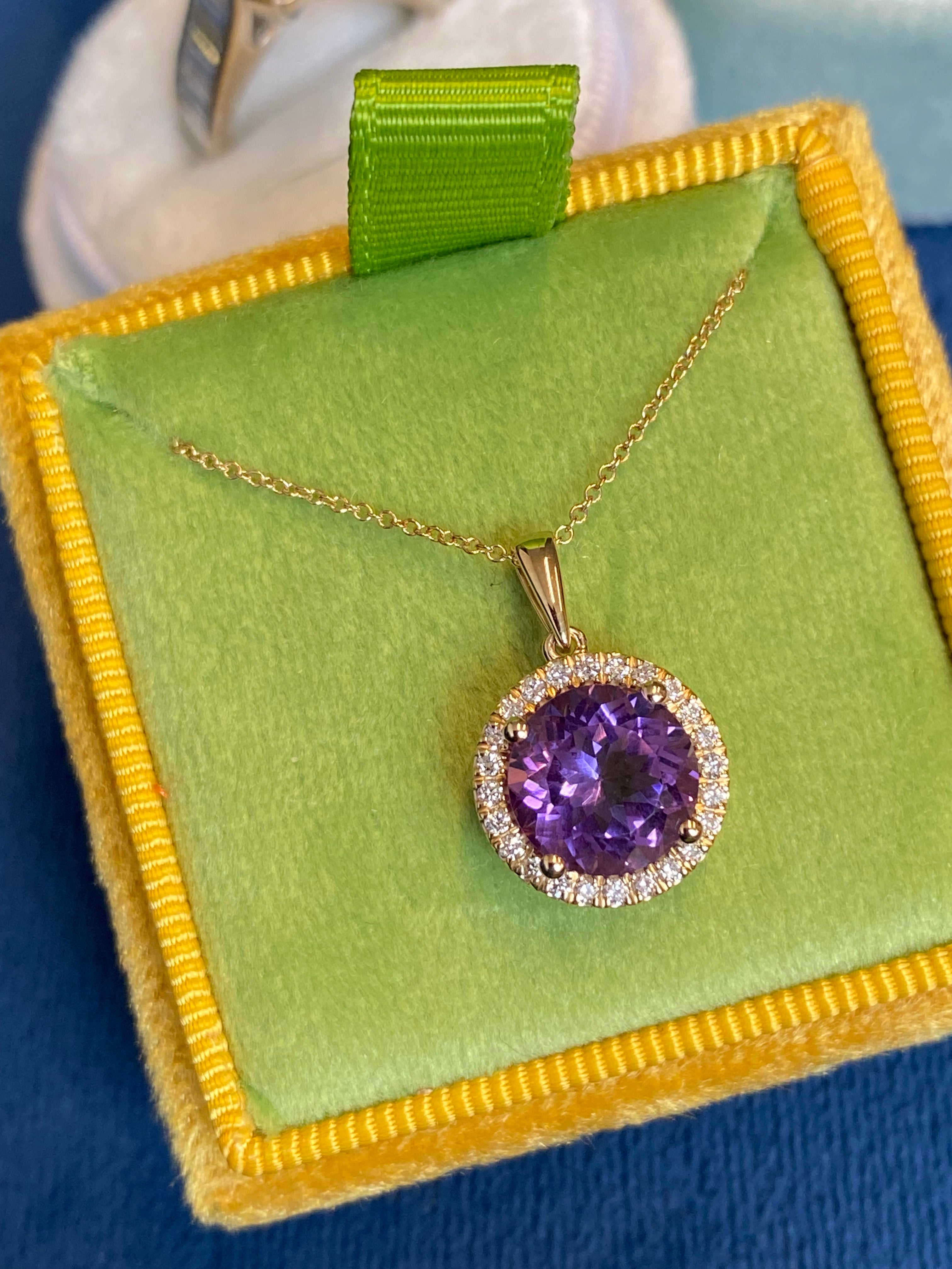 2.72 CTW Amethyst and Natural Diamond Pendant Necklace in 9ct Yellow Gold
