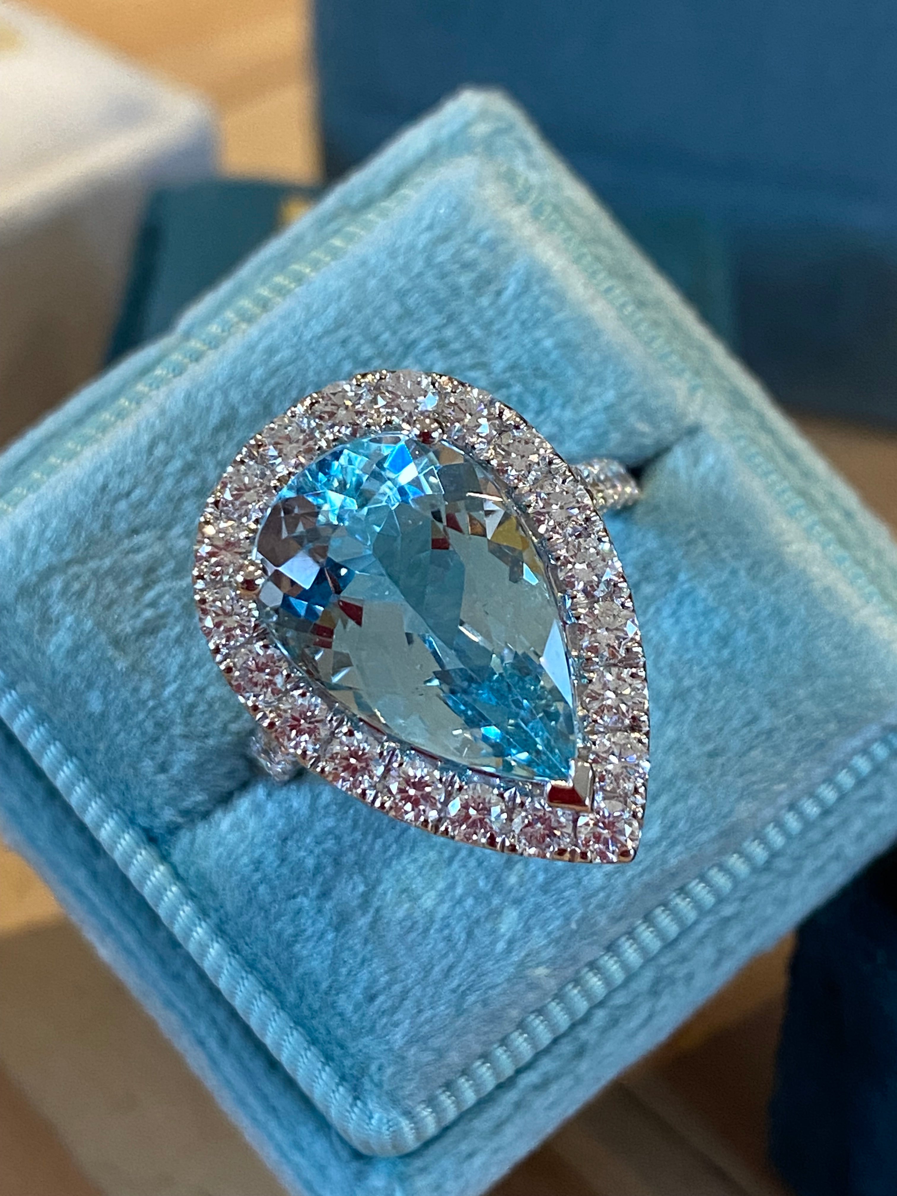 5.36 Carat Pear Cut Aquamarine and 1.38ctw Natural Diamond Ring in Platinum