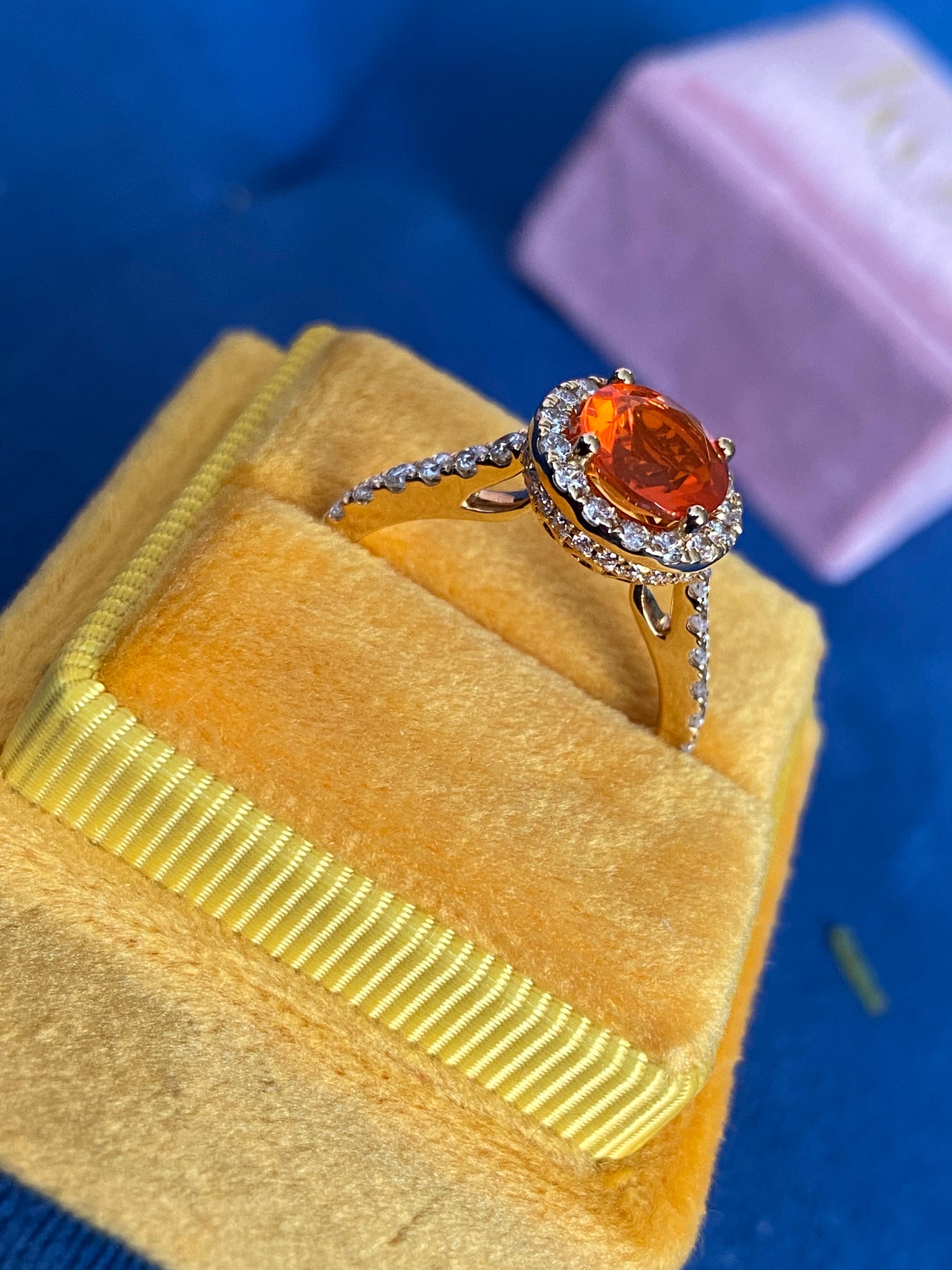 1.37 CTW Fire Opal and Natural Diamond Halo Ring in 18ct Yellow Gold