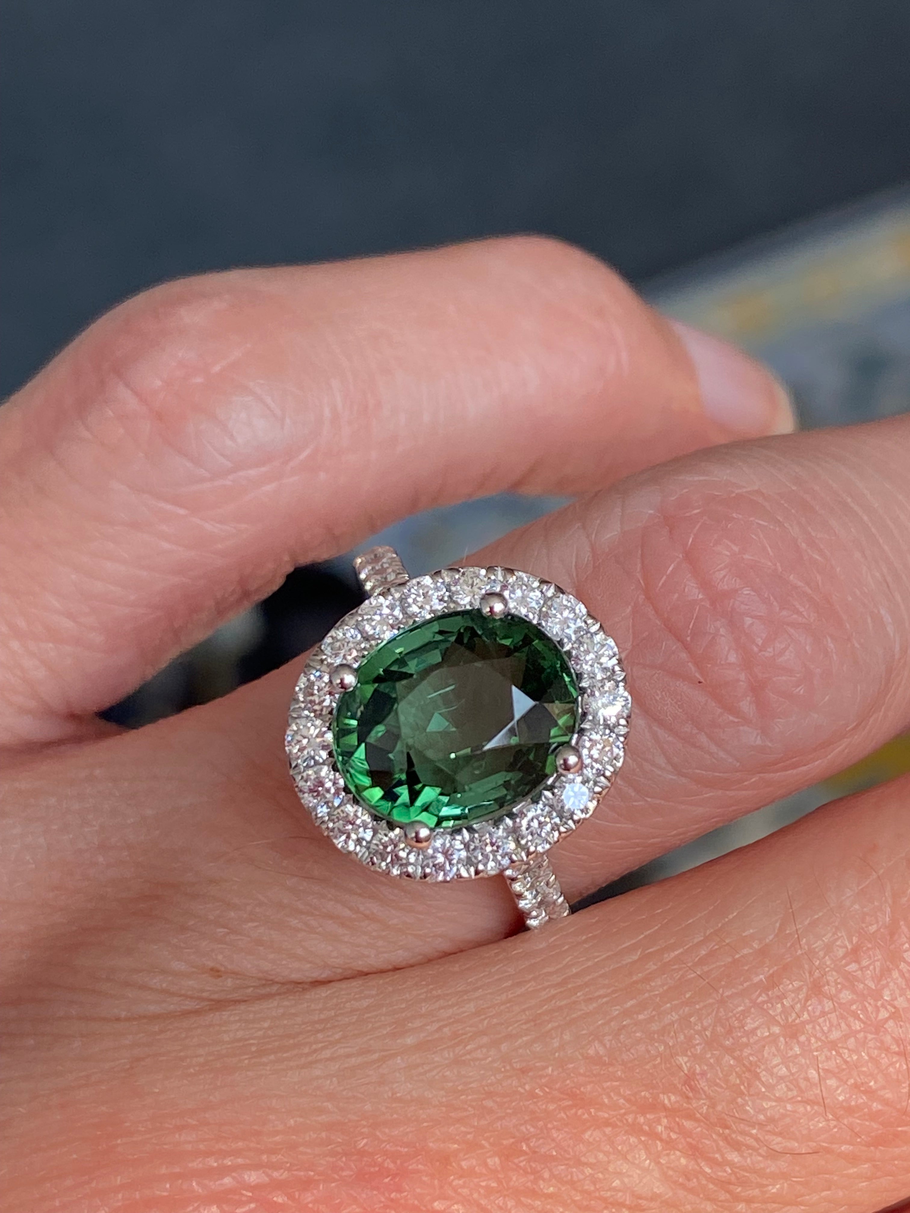 5.45 CTW Green Tourmaline and Natural Diamond Halo Ring in Platinum