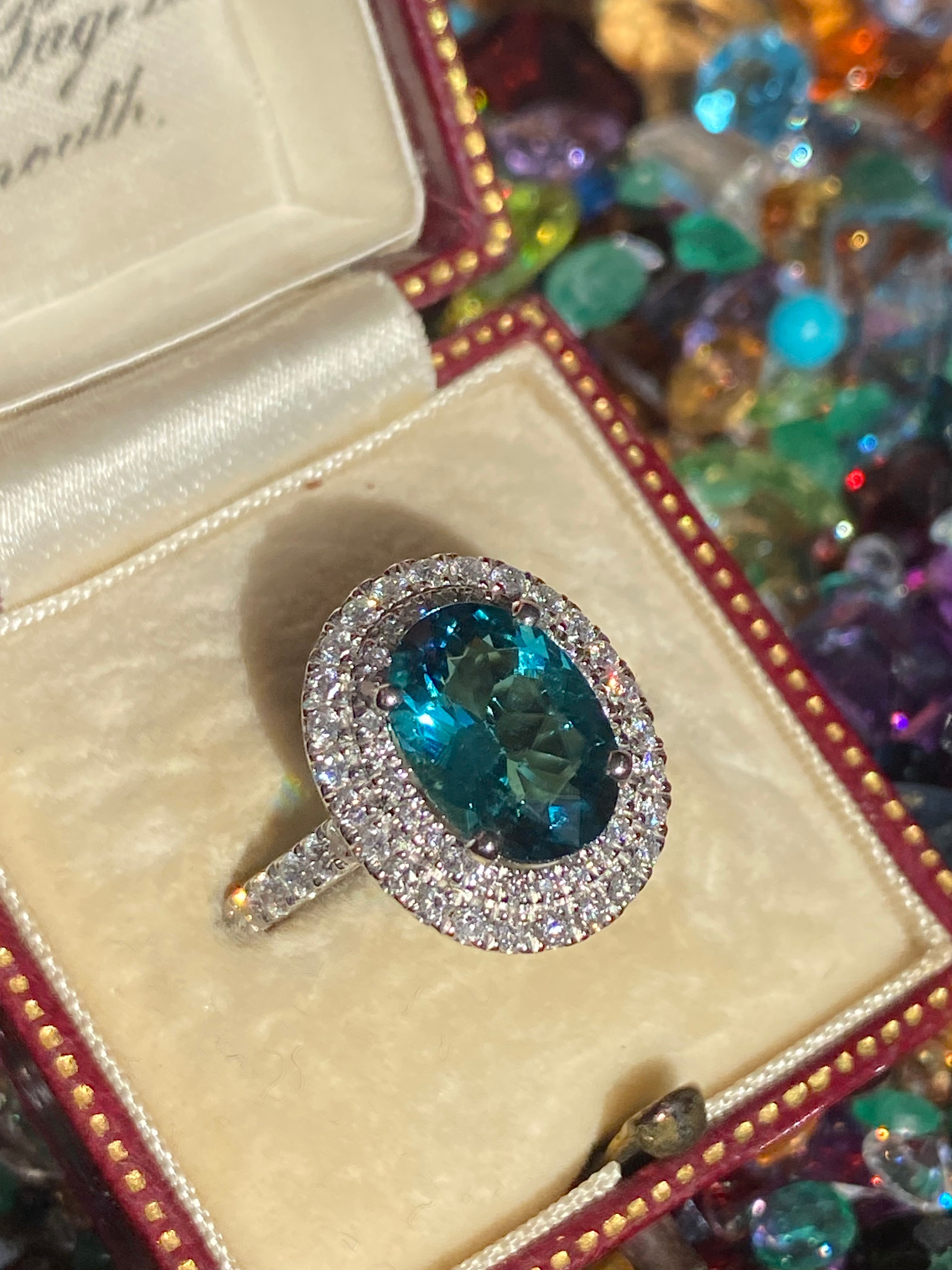 2.43 Carat Lagoon Tourmaline and Natural Diamond Double Halo Ring in Platinum