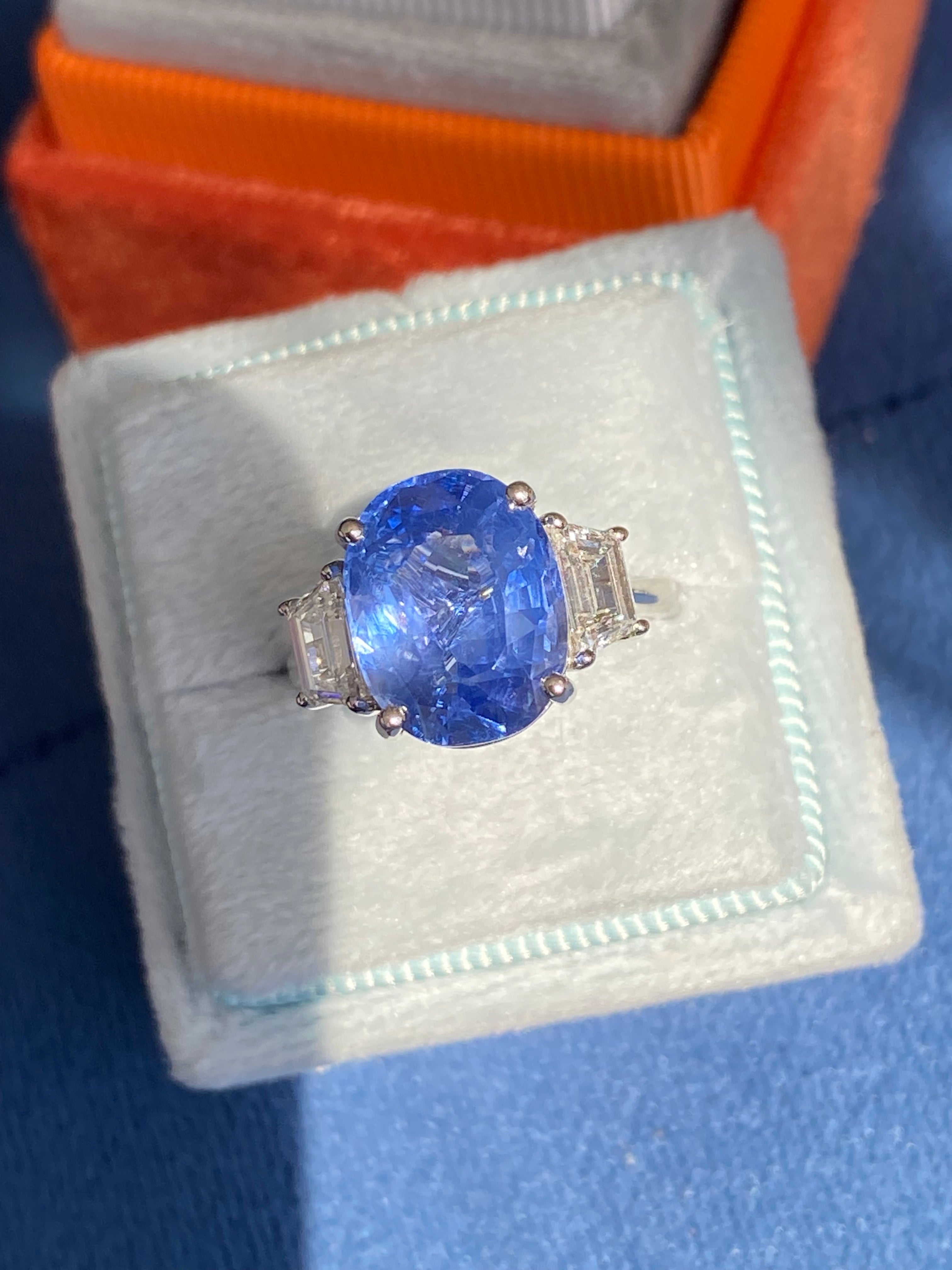 6.25 Carat Unheated Blue Ceylon Sapphire and 0.95 Carat Diamond Ring