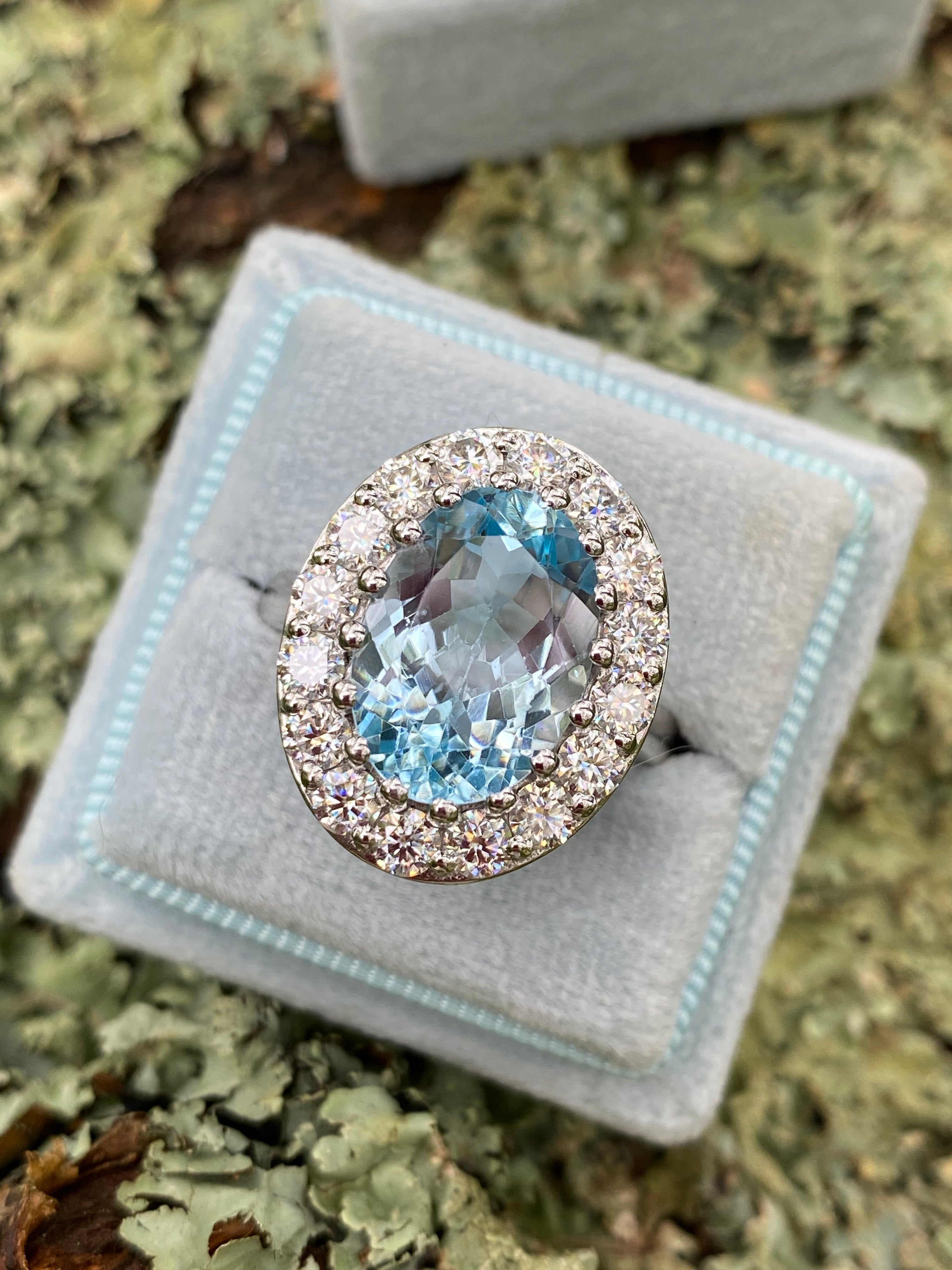9.60 CTW Oval Cut Blue Topaz and Moissanite Halo Cocktail Ring in Sterling Silver