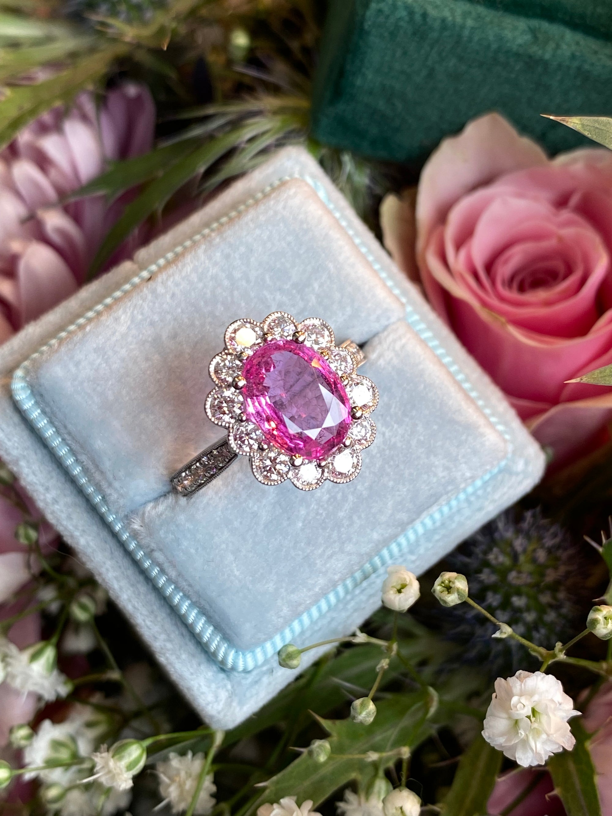 2.92 CTW Oval Cut Pink Sapphire and Natural Diamond Halo Engagement Ring in Platinum