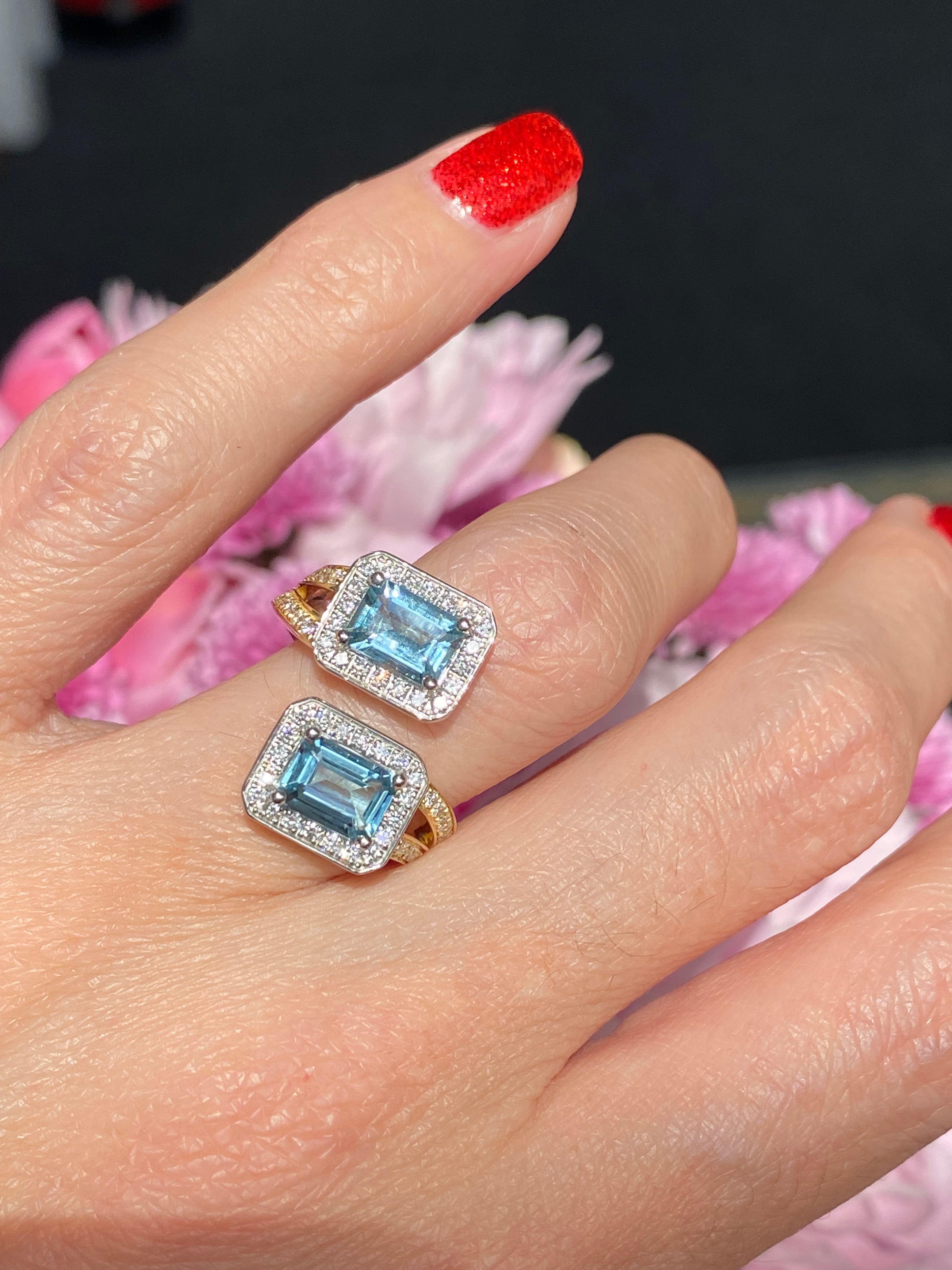 2.25ctw Aquamarine and Natural Diamond Toi et Moi Ring in Platinum and 18ct Yellow Gold