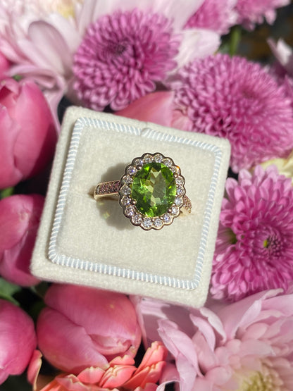 2.96 Carat Peridot and Natural Diamond Halo Ring in 18ct Yellow Gold