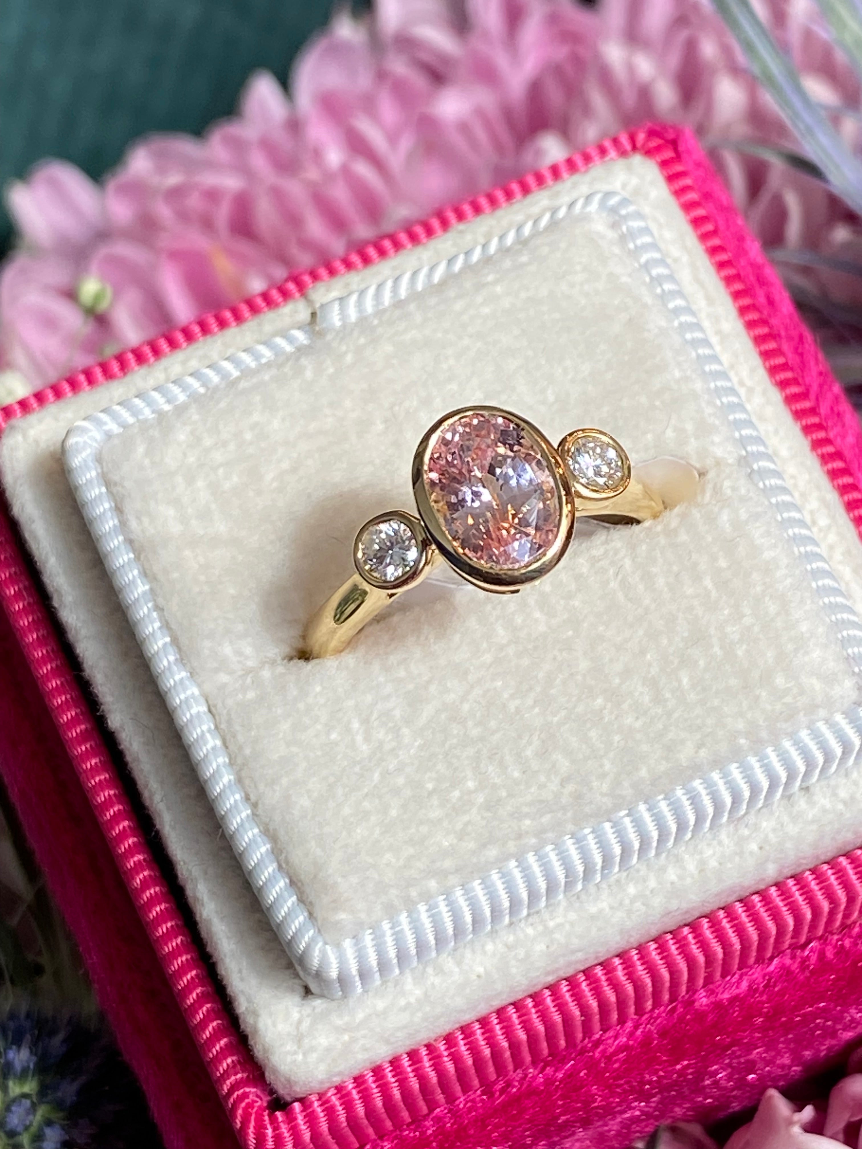 2.02 CTW Peach Sapphire and Natural Diamond Three Stone Ring in 18ct Yellow Gold