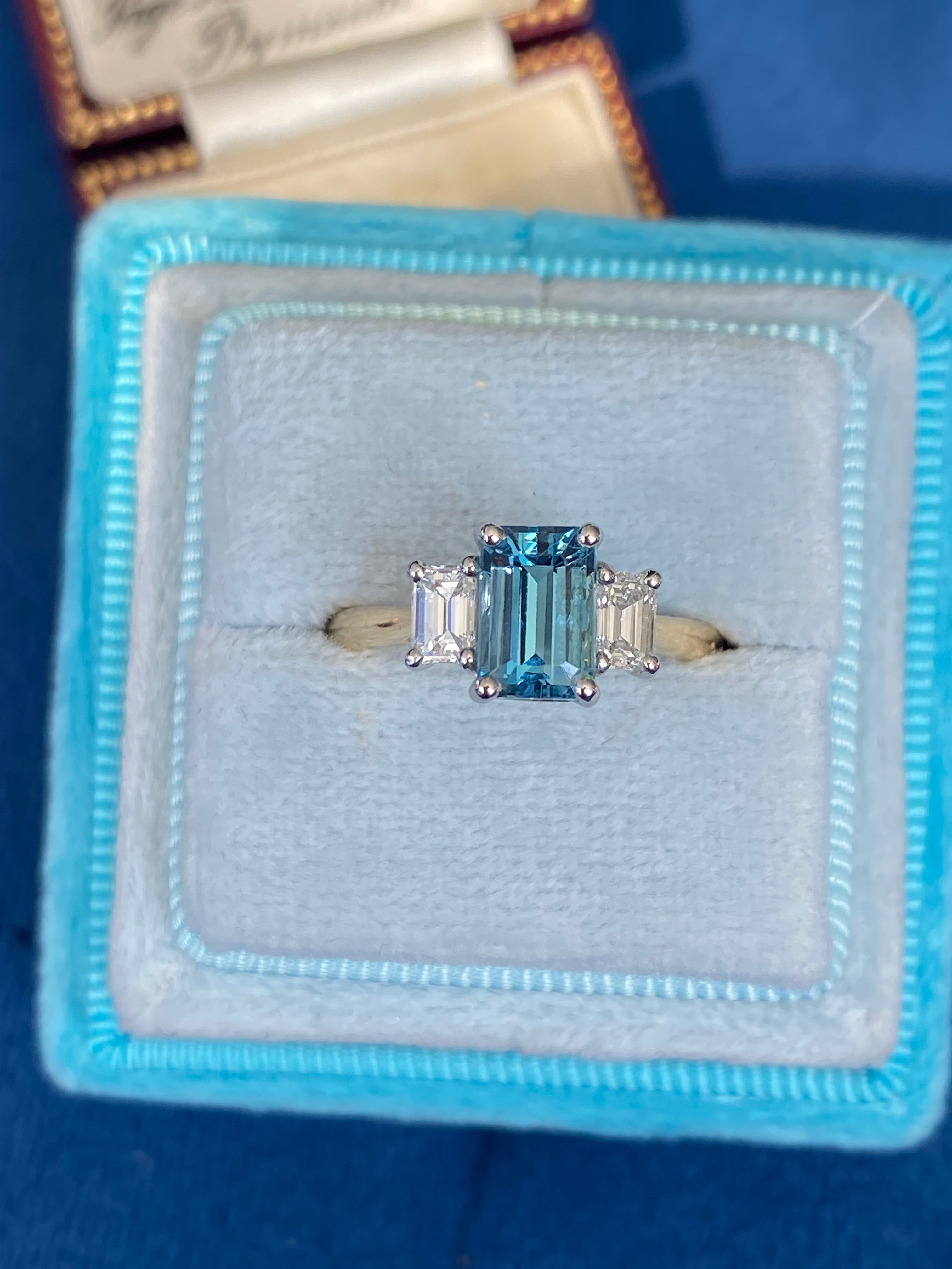 1.73 CTW Aquamarine and Natural Diamond Three Stone Ring in Platinum and 18ct Yellow Gold