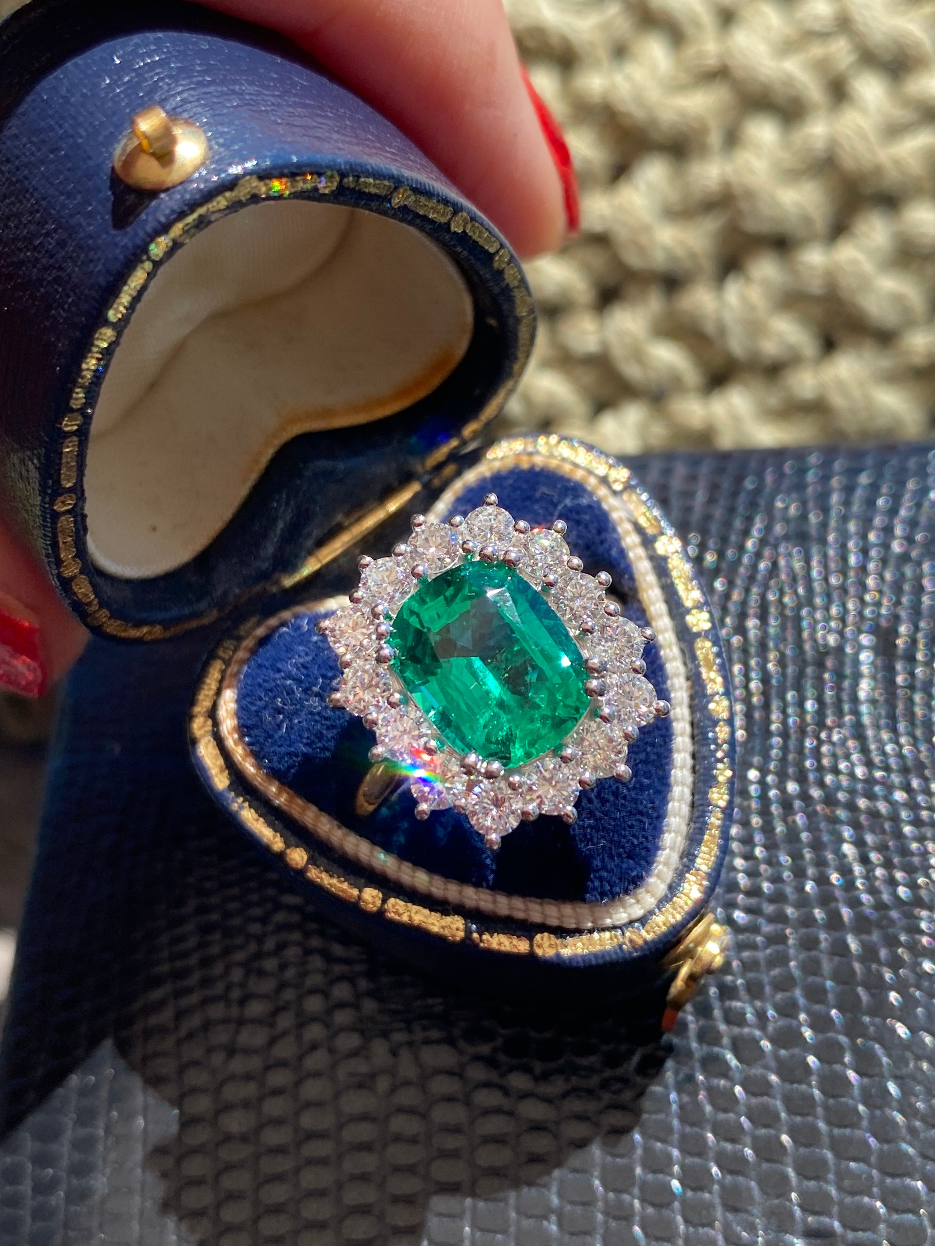 2.58 Carat Cushion Cut GIA Zambian Emerald and 1.07 CTW Natural Diamond Halo Ring in Platinum and 18ct Yellow Gold