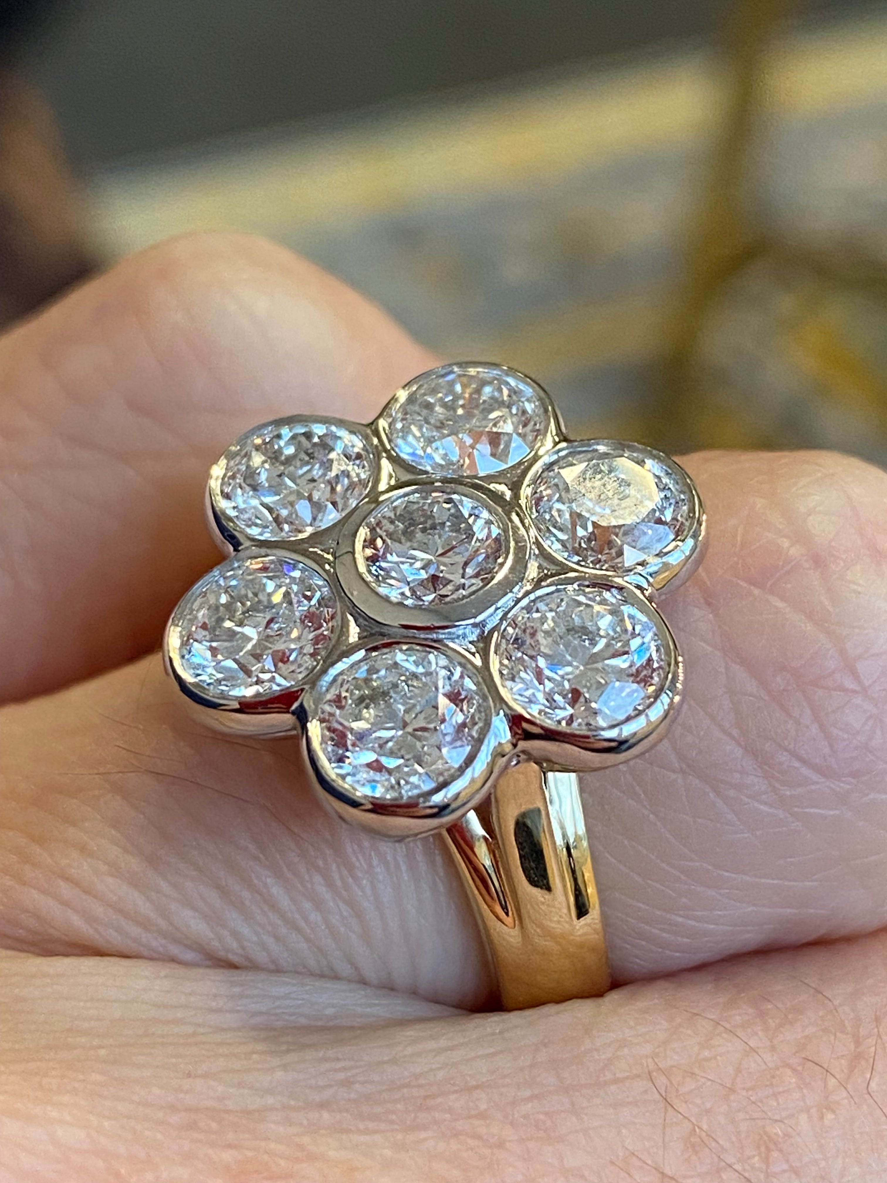 Vintage 4.07 CTW Natural Diamond Daisy Cluster Ring in Platinum and 18ct Yellow Gold