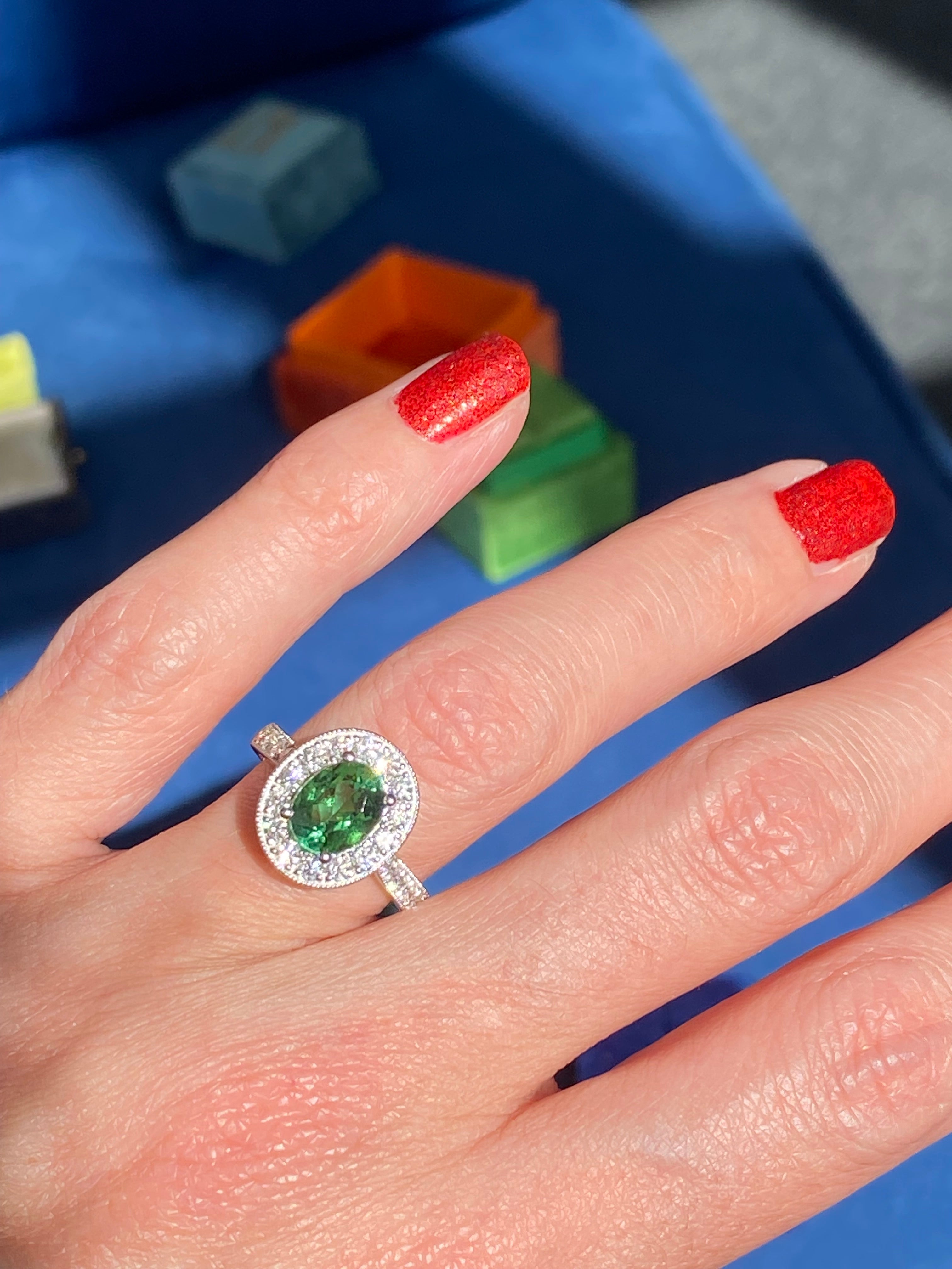 1.66 Carat Oval Cut Mint Tourmaline and 0.66 CTW Natural Diamond Ring in Platinum