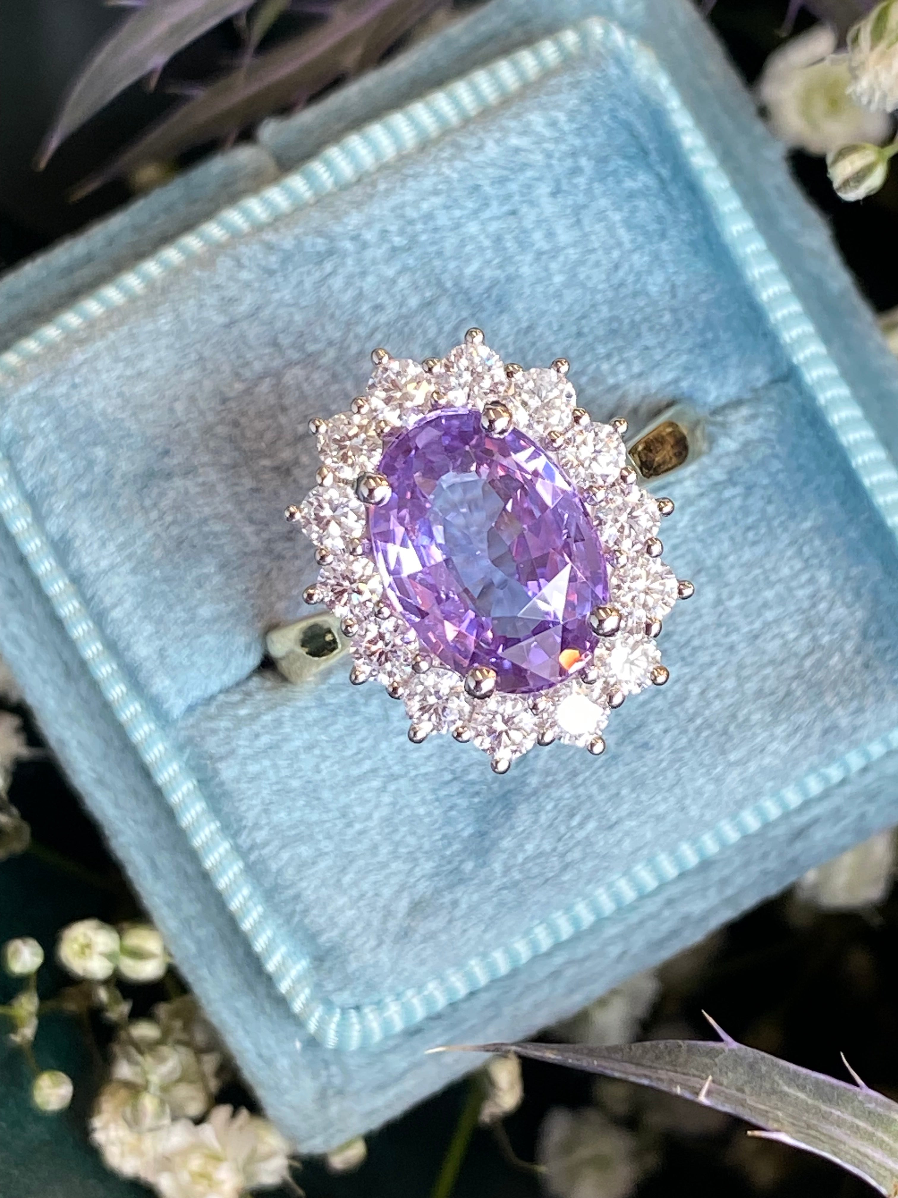 3.52 Carat No Heat Purple Sapphire and Natural Diamond Halo Ring in Platinum and 18ct Yellow Gold
