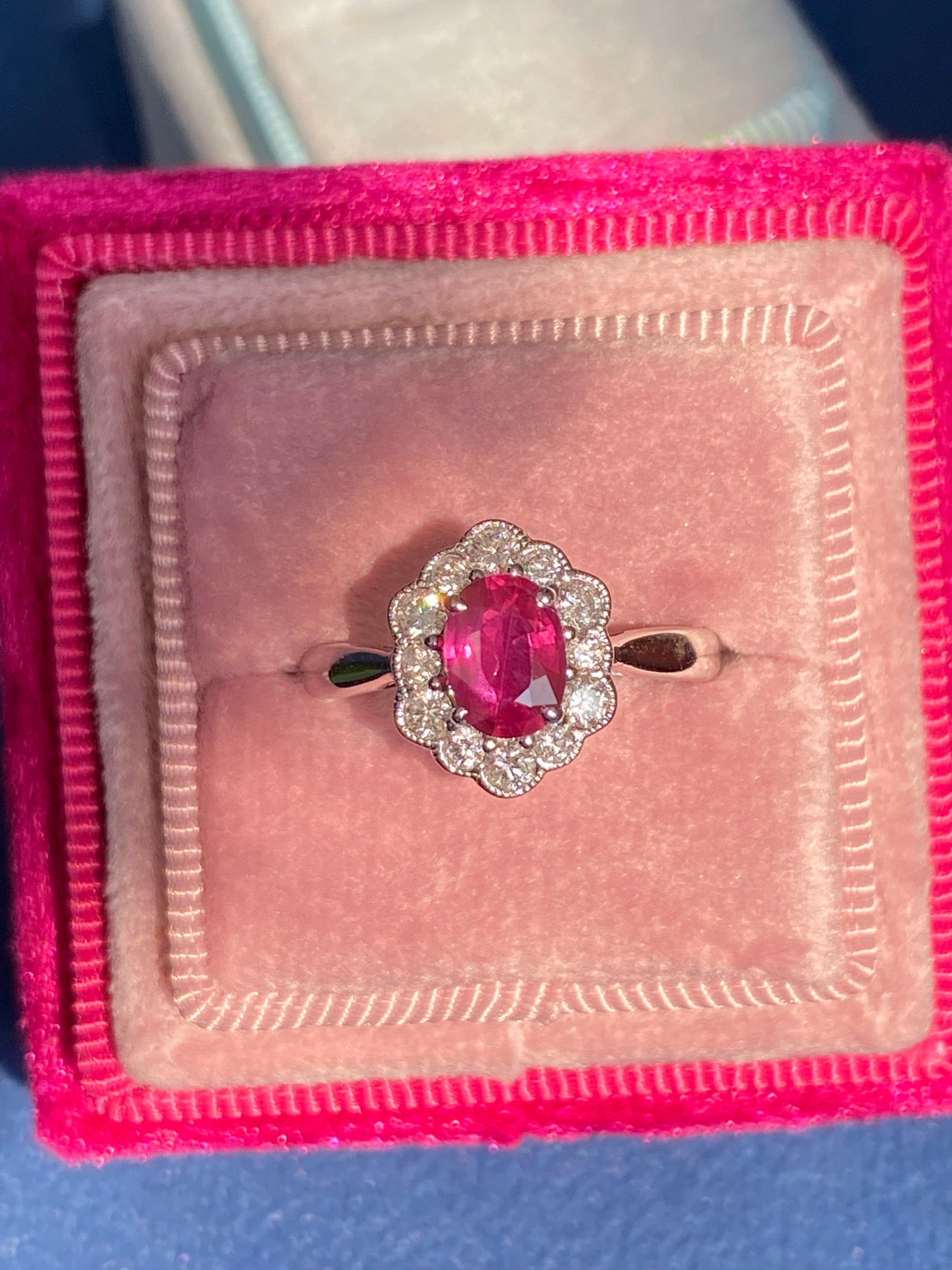 1.49 CTW Ruby and Natural Diamond Halo Ring in 18ct White Gold