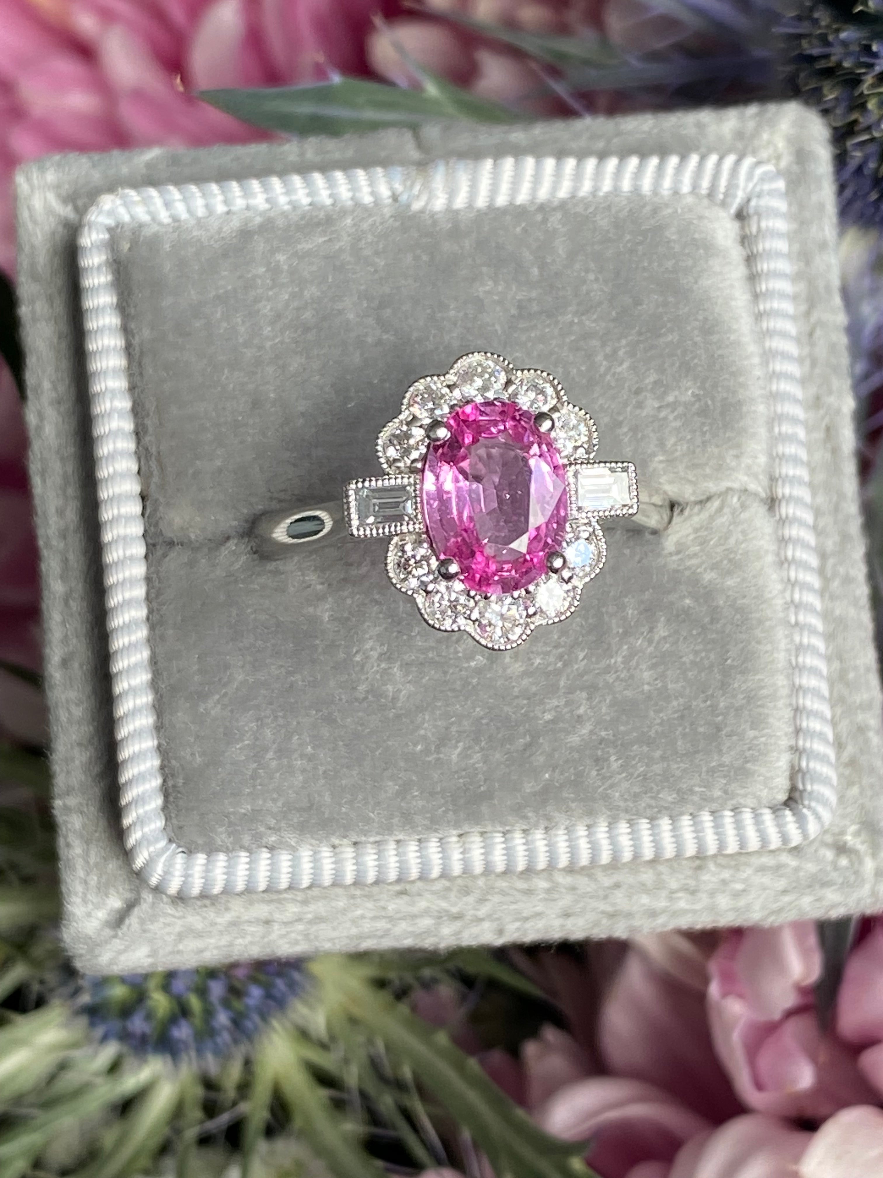 1.76 CTW Pink Sapphire and Diamond Art Deco Style Ring in Platinum