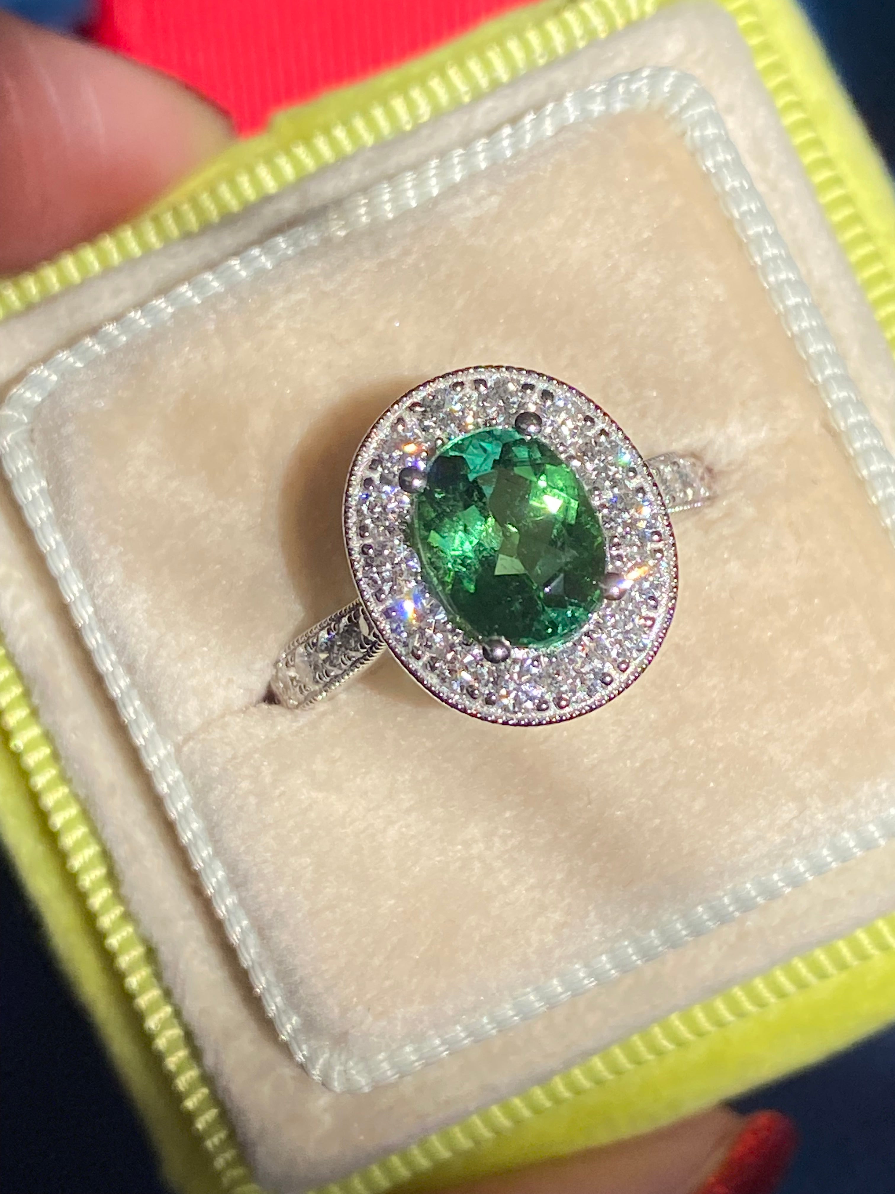 1.66 Carat Oval Cut Mint Tourmaline and 0.66 CTW Natural Diamond Ring in Platinum