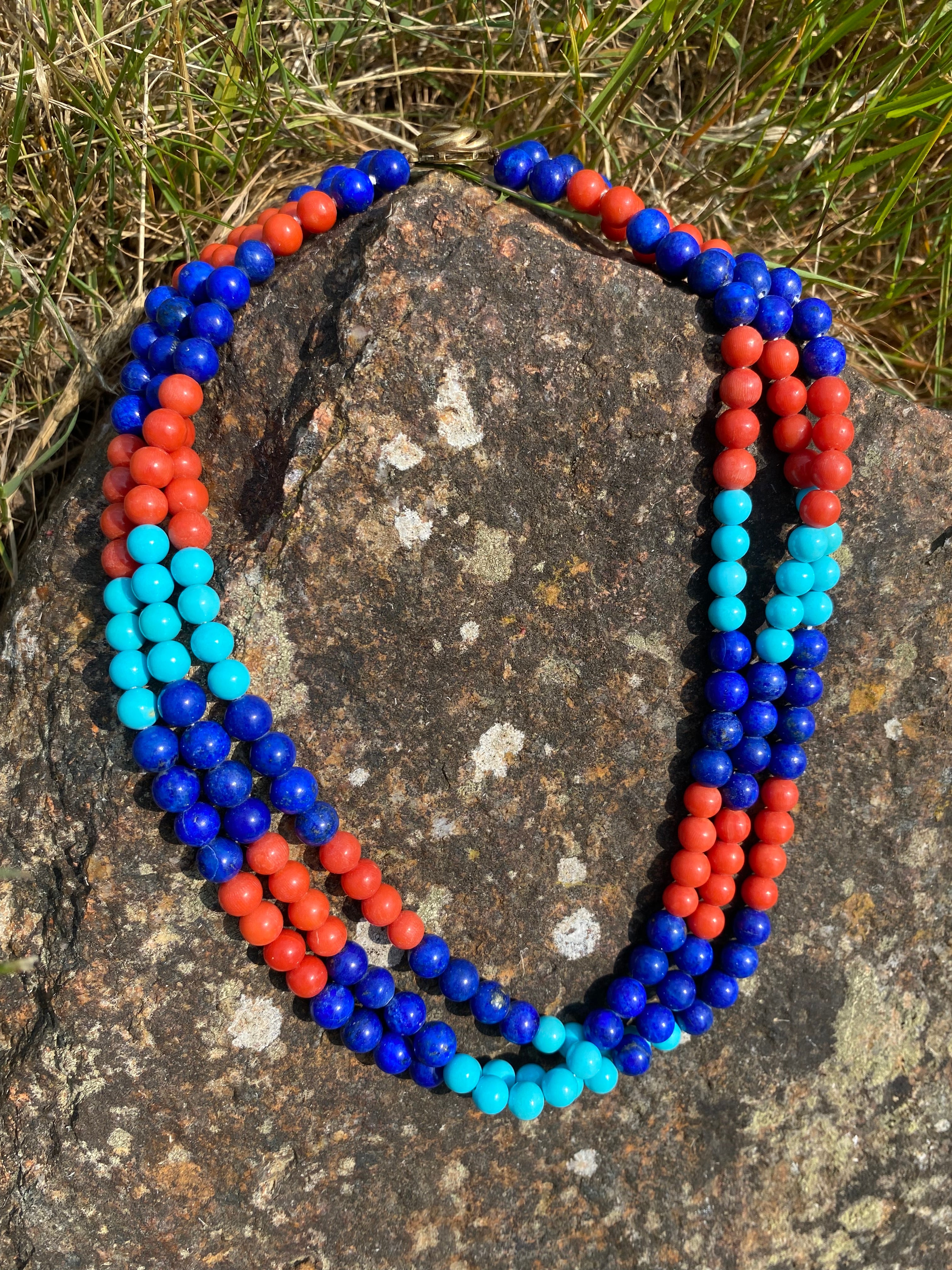 Egyptian Revival Lapis Lazuli, Turquoise, and Coral Triple Strand Necklace 9ct Yellow Gold