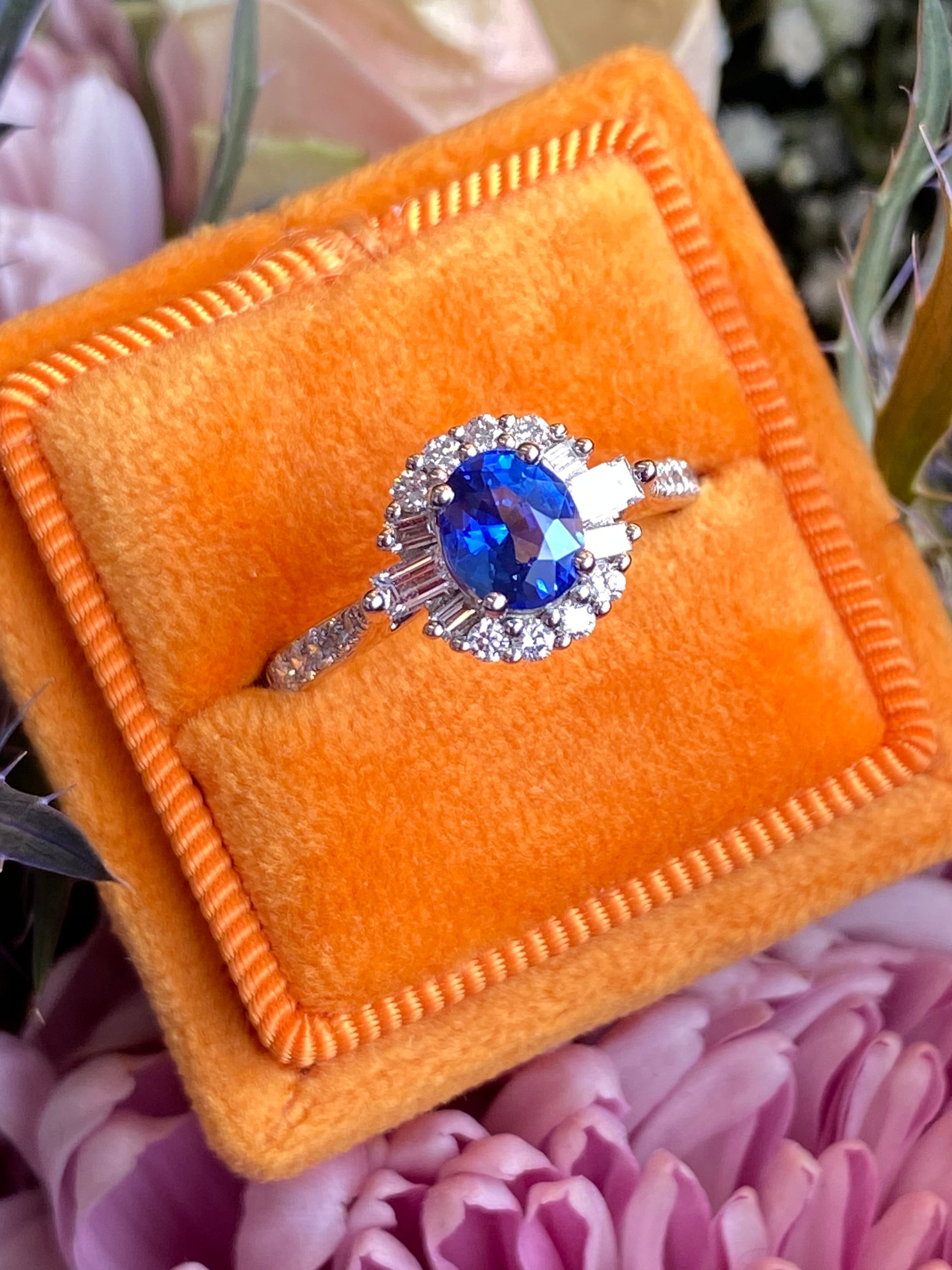 1.58 CTW Blue Ceylon Sapphire and Natural Diamond Halo Ring in Platinum