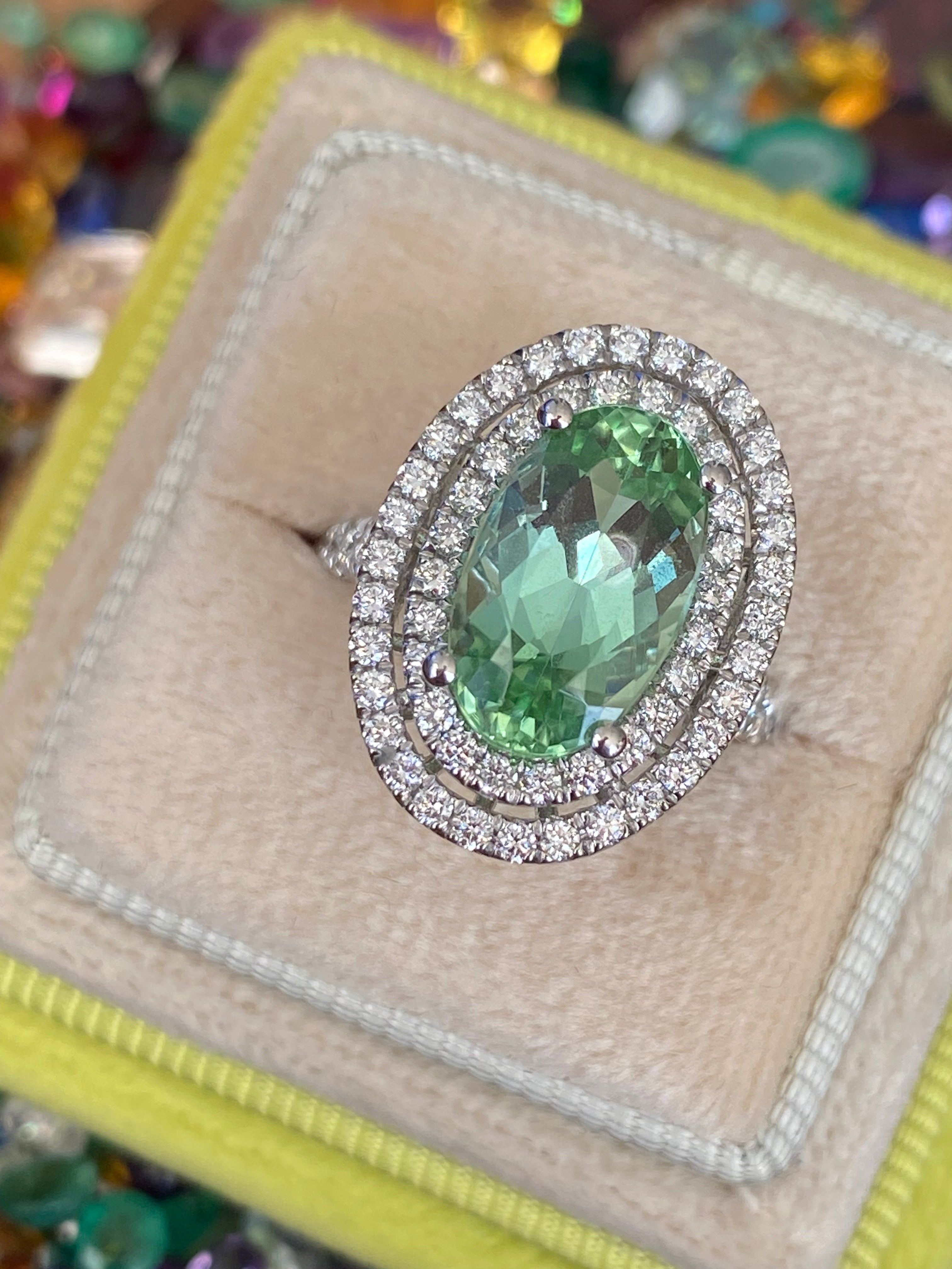 4.77 CTW Magical Mint Tourmaline and Natural Diamond Double Halo Ring in Platinum