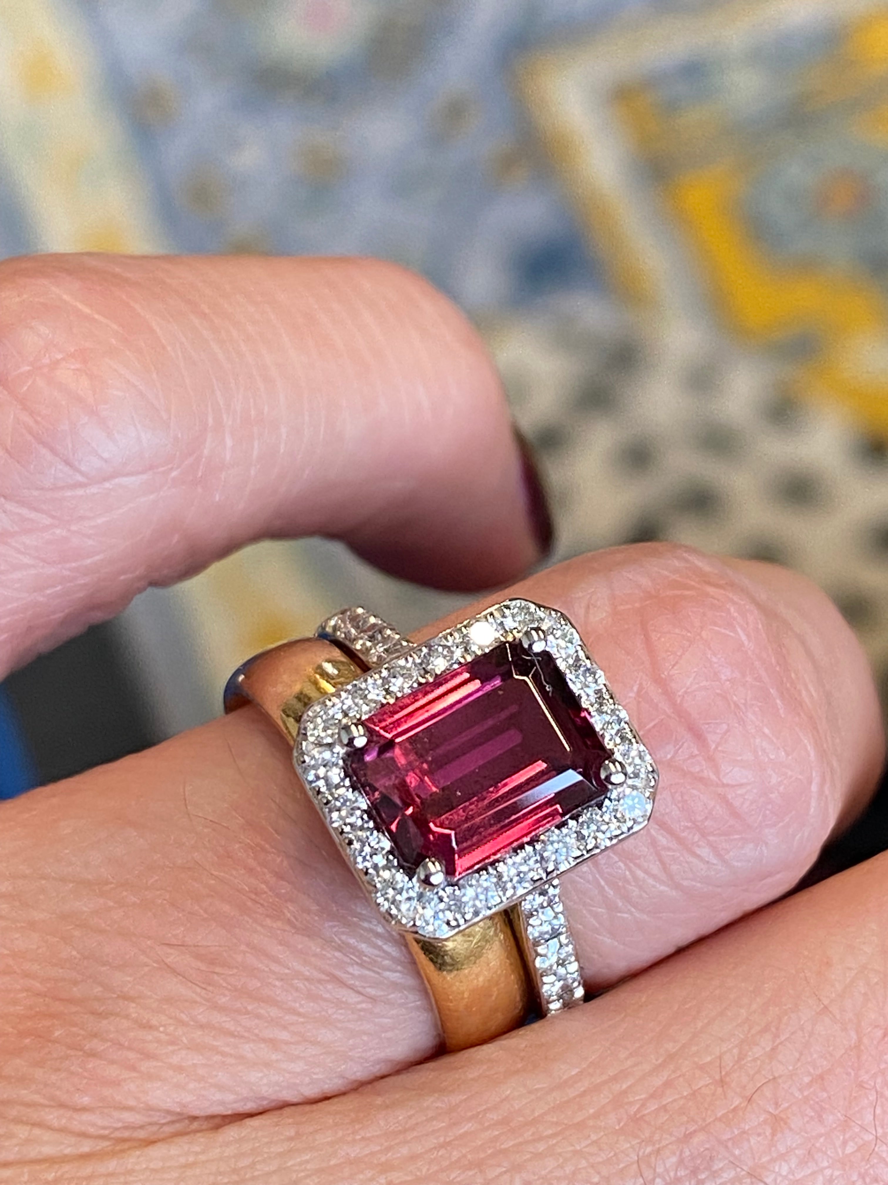 2.71 CTW Emerald Cut Pink Tourmaline and Natural Diamond Halo Ring in Platinum