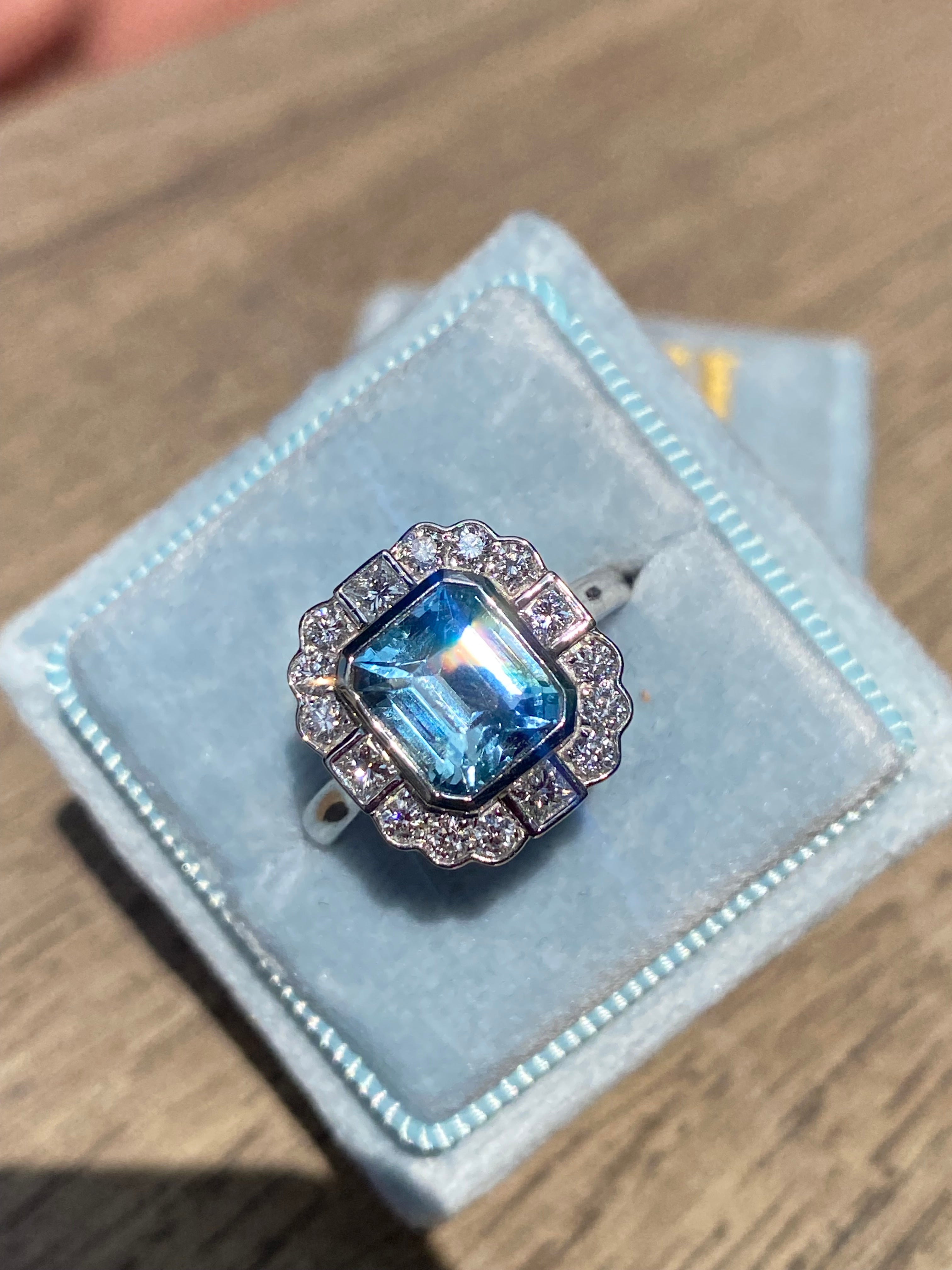 2.23 CTW Emerald Cut Aquamarine and Natural Diamond Engagement Ring in Platinum