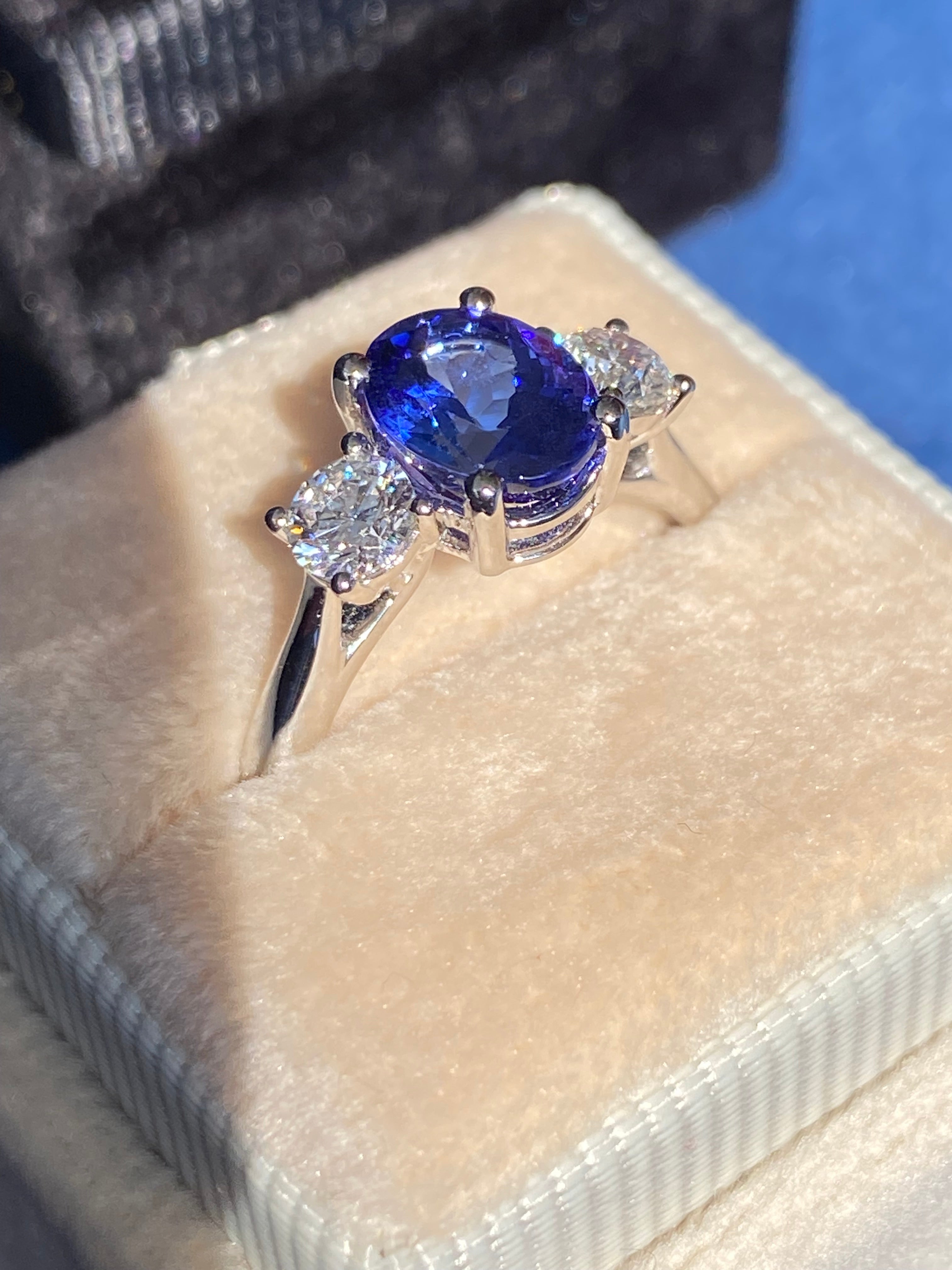 2.08 CTW Tanzanite and Natural Diamond Three Stone Ring in Platinum