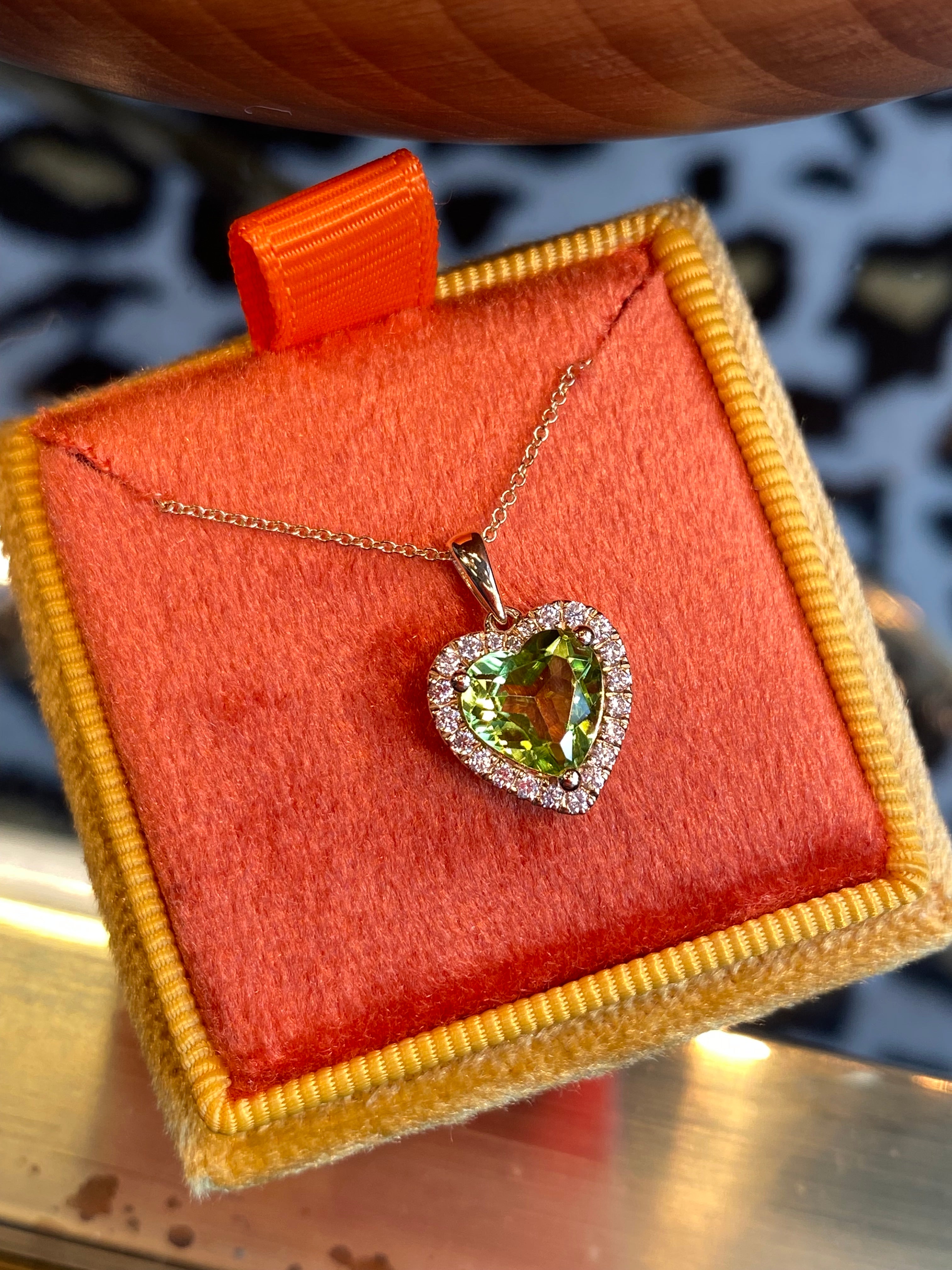 Heart Shaped Peridot and Natural Diamond Pendant Necklace in 9ct Yellow Gold