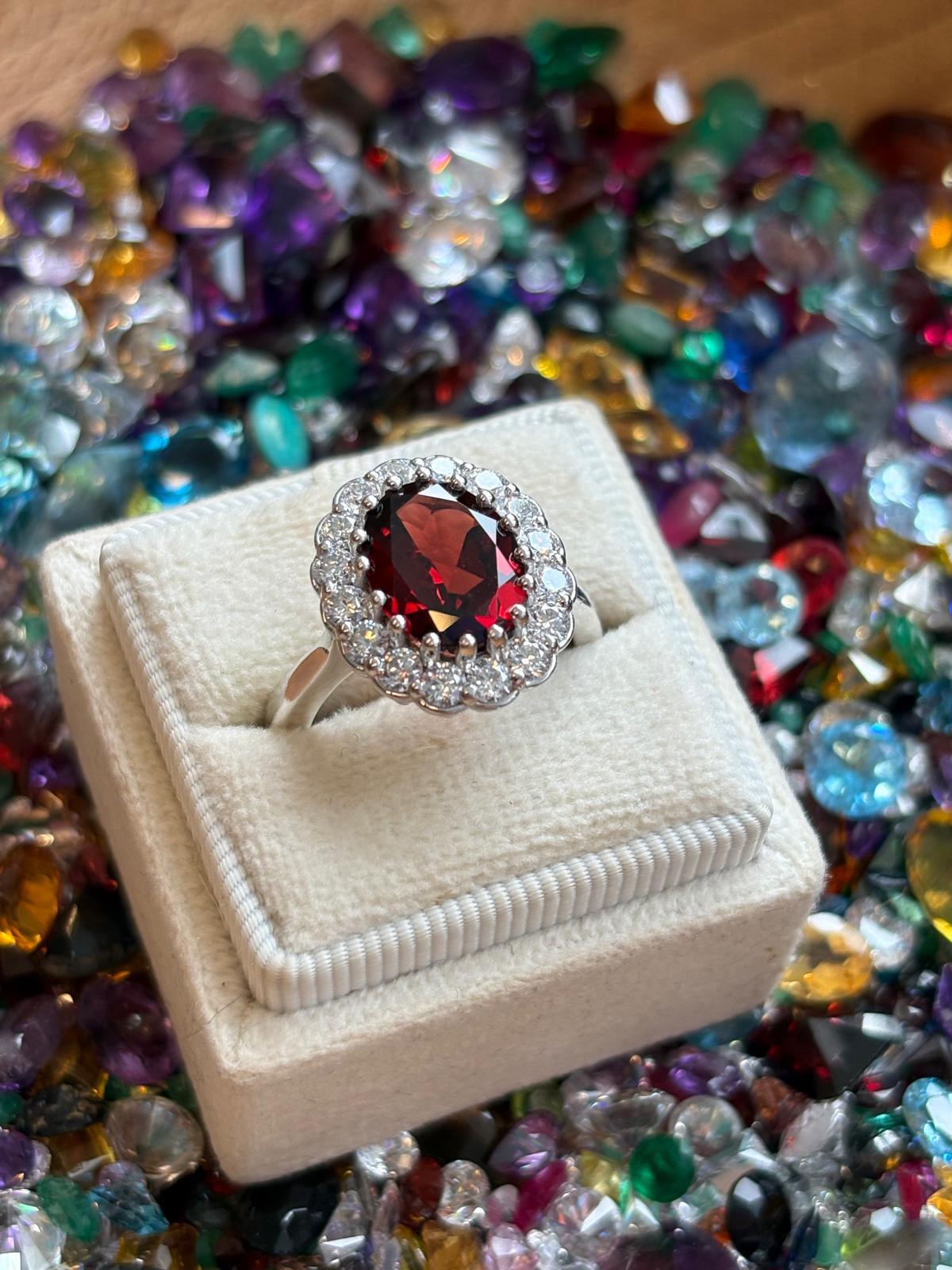 5.50 CTW Oval Cut Garnet and Moissanite Halo Cocktail Ring