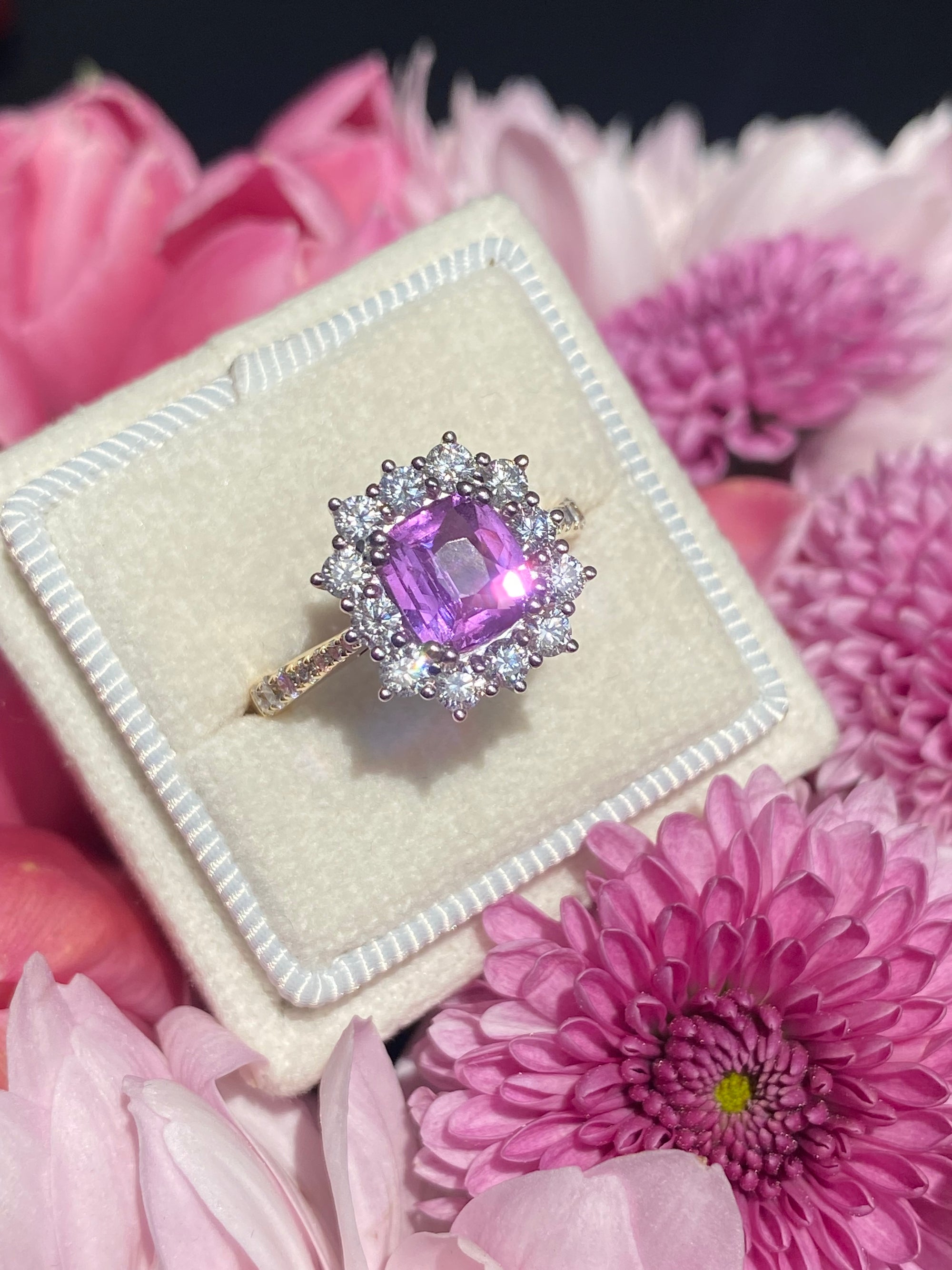1.65 Carat Purple Sapphire and 0.85ctw Natural Diamond Halo Ring in Platinum and 18ct Gold