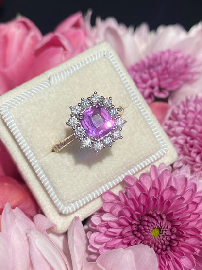 1.65 Carat Purple Sapphire and 0.85ctw Natural Diamond Halo Ring in Platinum and 18ct Gold