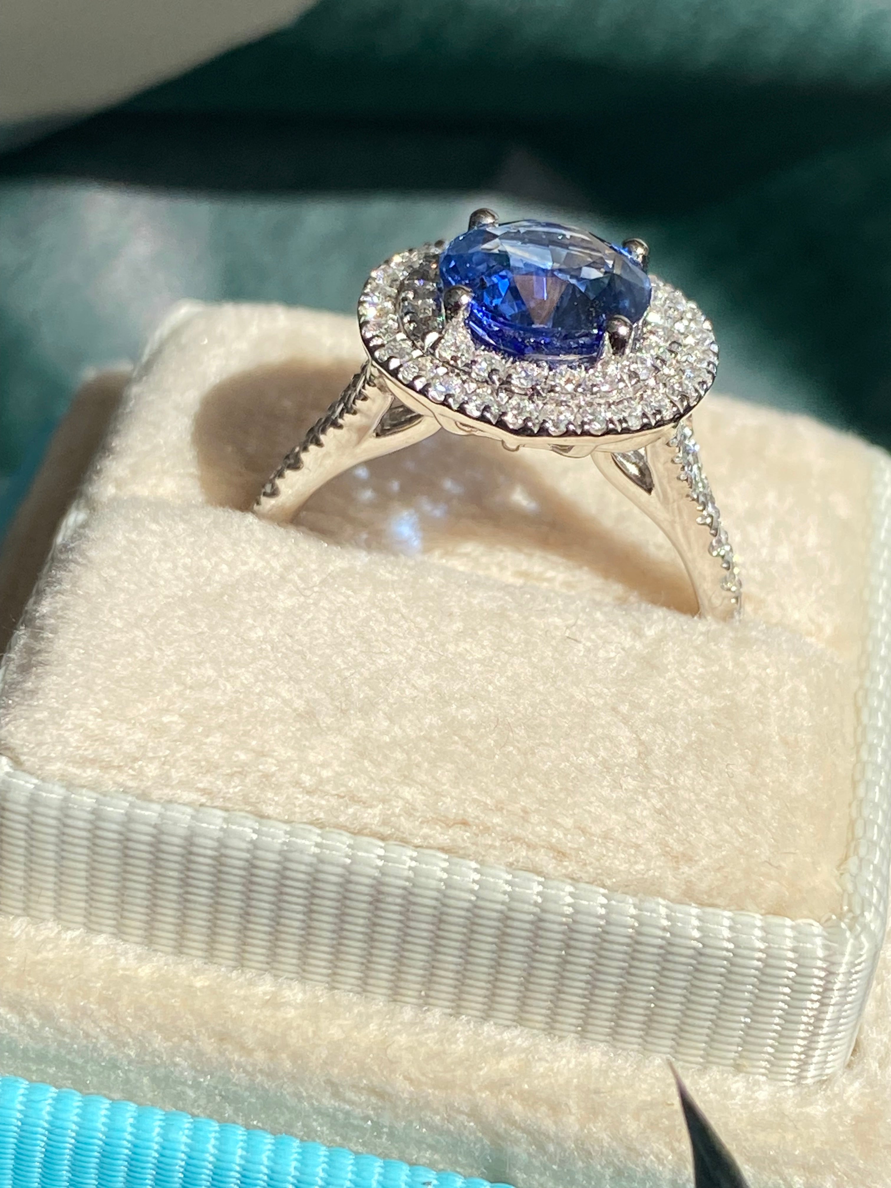 2.56 CTW Blue Ceylon Sapphire and Natural Diamond Double Halo Ring in Platinum