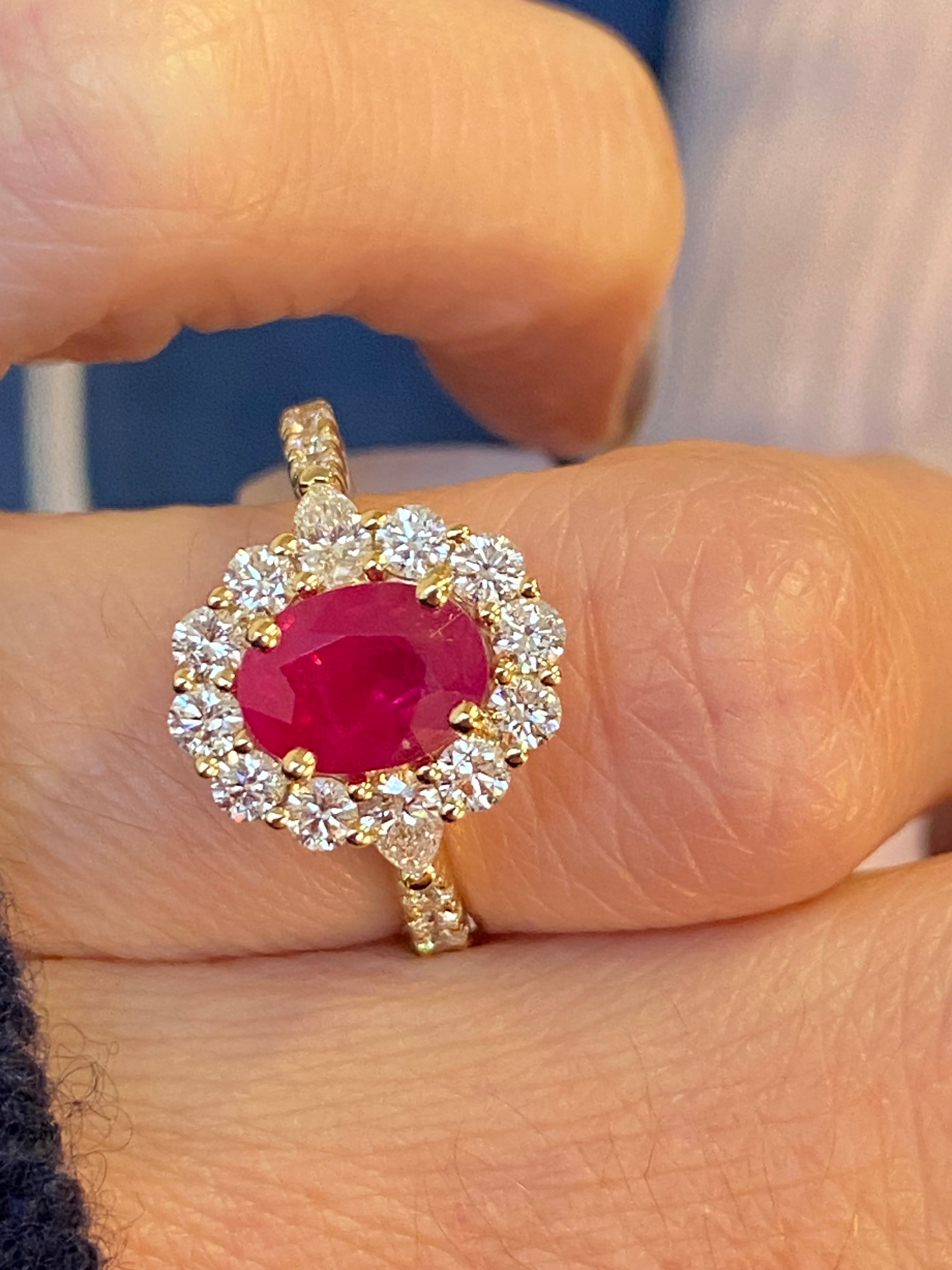 2.40 CTW Ruby and Natural Diamond Halo Ring in 18ct Yellow Gold