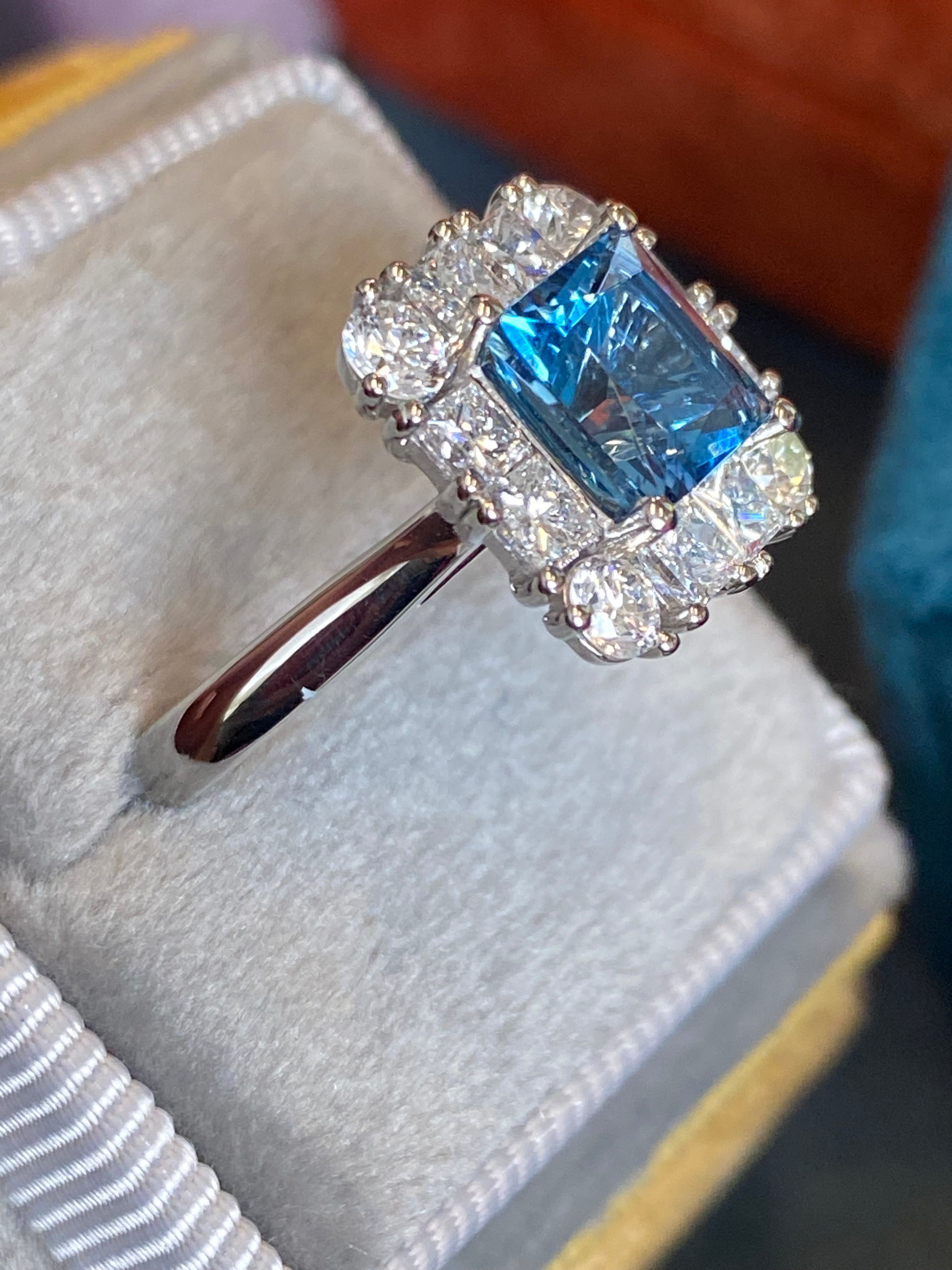 1.55 Carat Princess Cut Aquamarine and 1.32 CTW Natural Diamond Halo Engagement Ring in Platinum