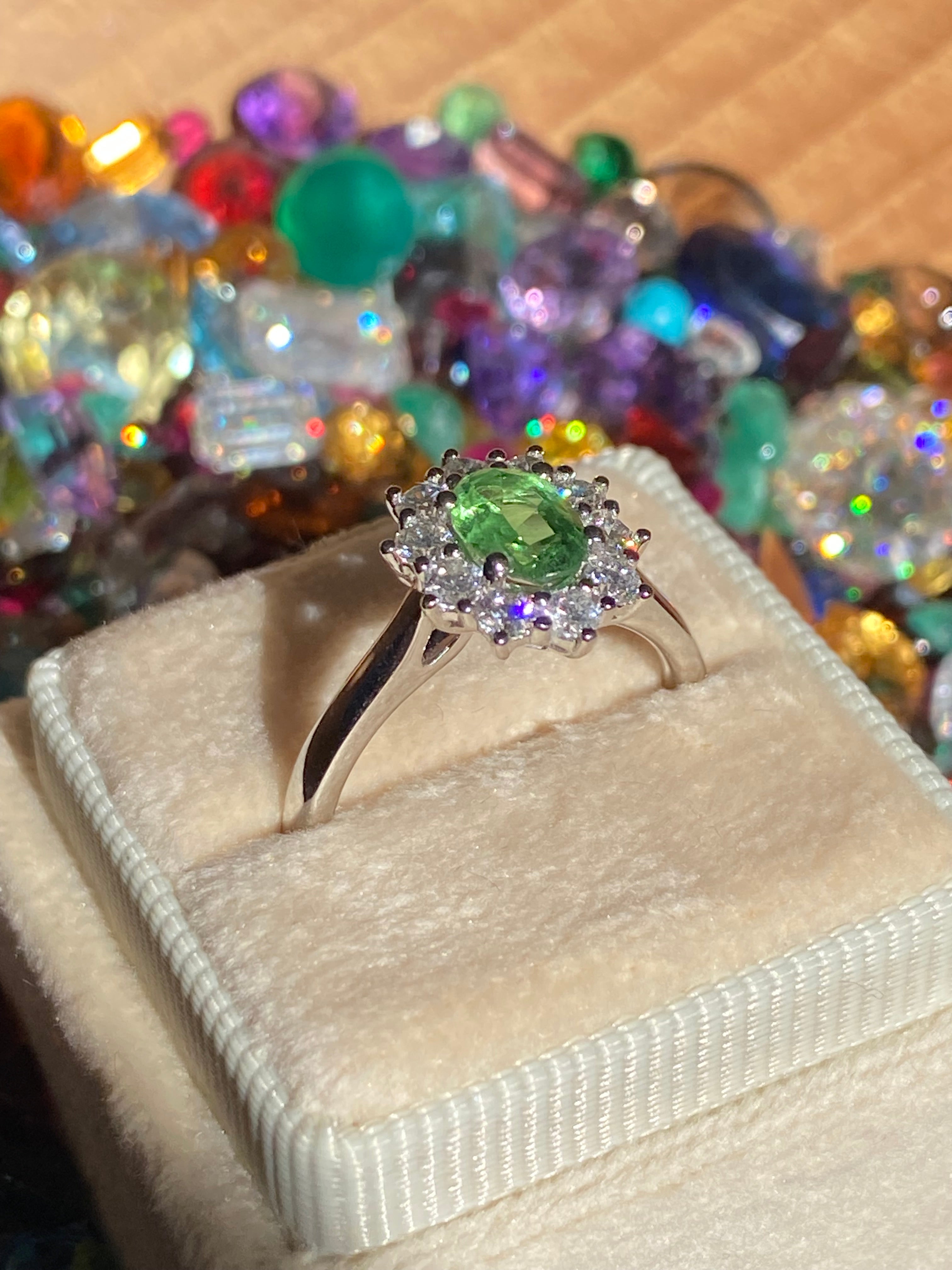 1.32 CTW Tsavorite Garnet and Natural Diamond Halo Ring in Platinum