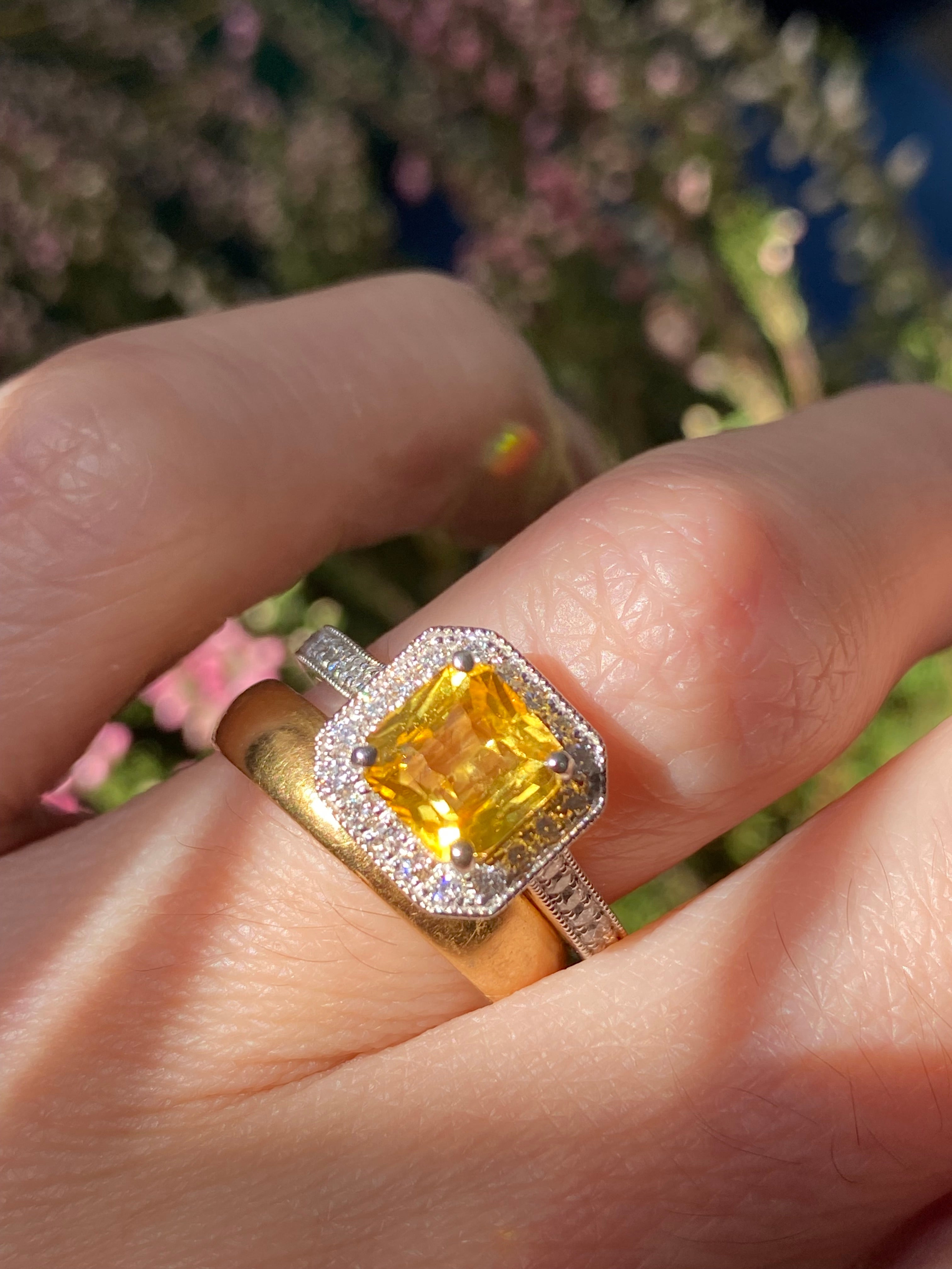 2.06 Carat Yellow Sapphire and Natural Diamond Halo Ring in Platinum