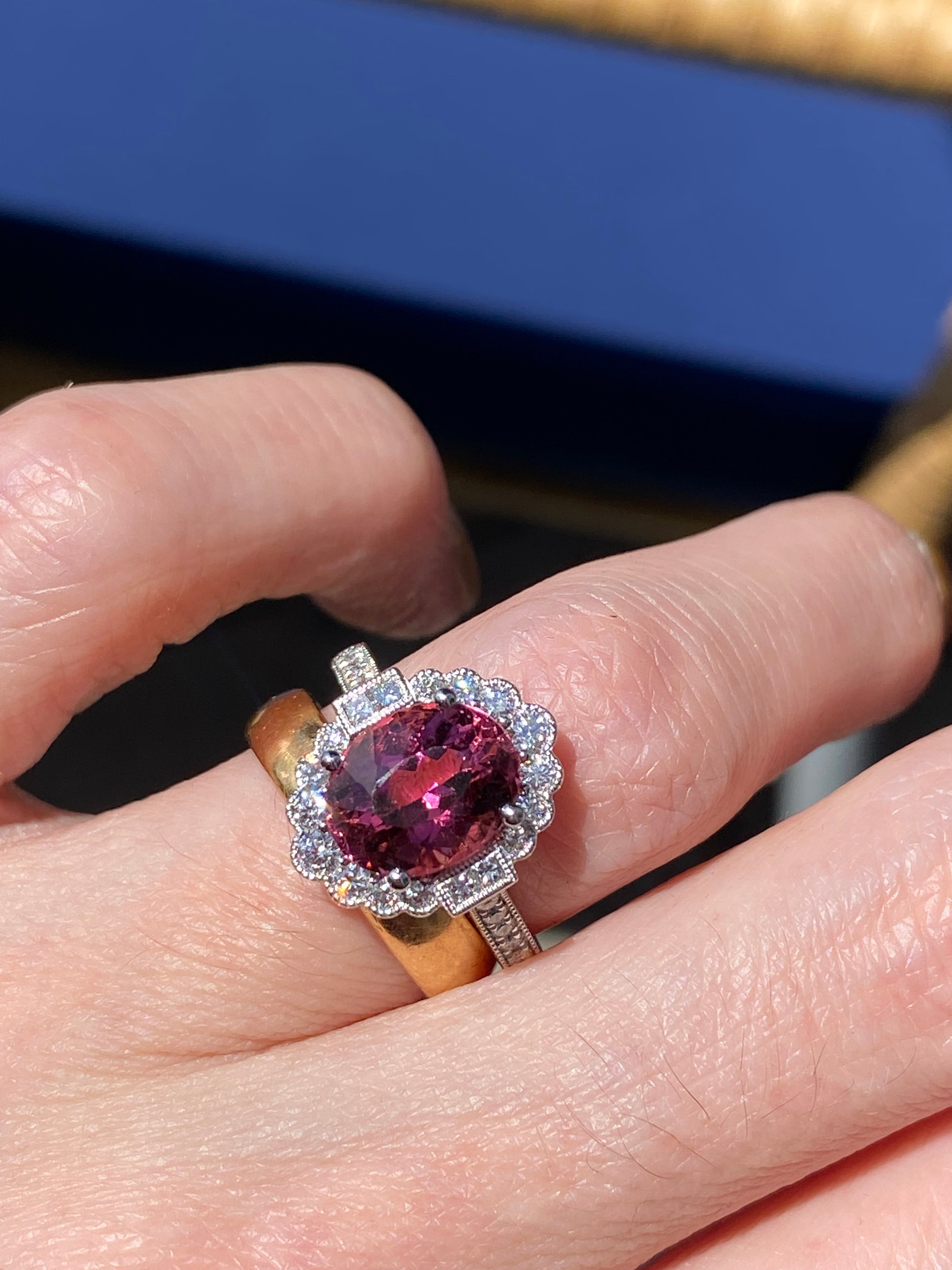 3.13 Carat Oval Cut Pink Tourmaline and Natural Diamond Ring in Platinum