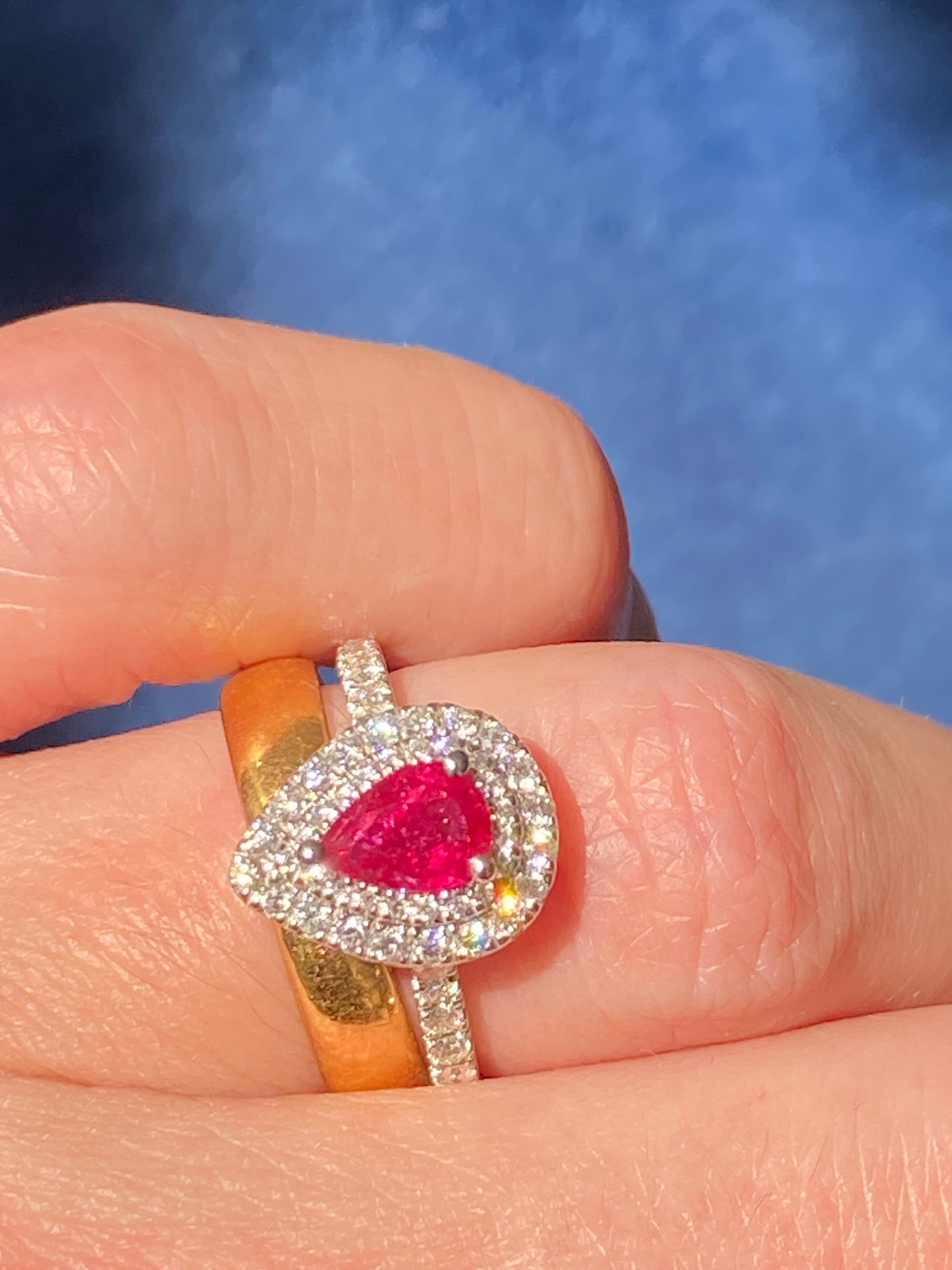 1.16 CTW Pear Cut Ruby and Natural Diamond Ring in Platinum