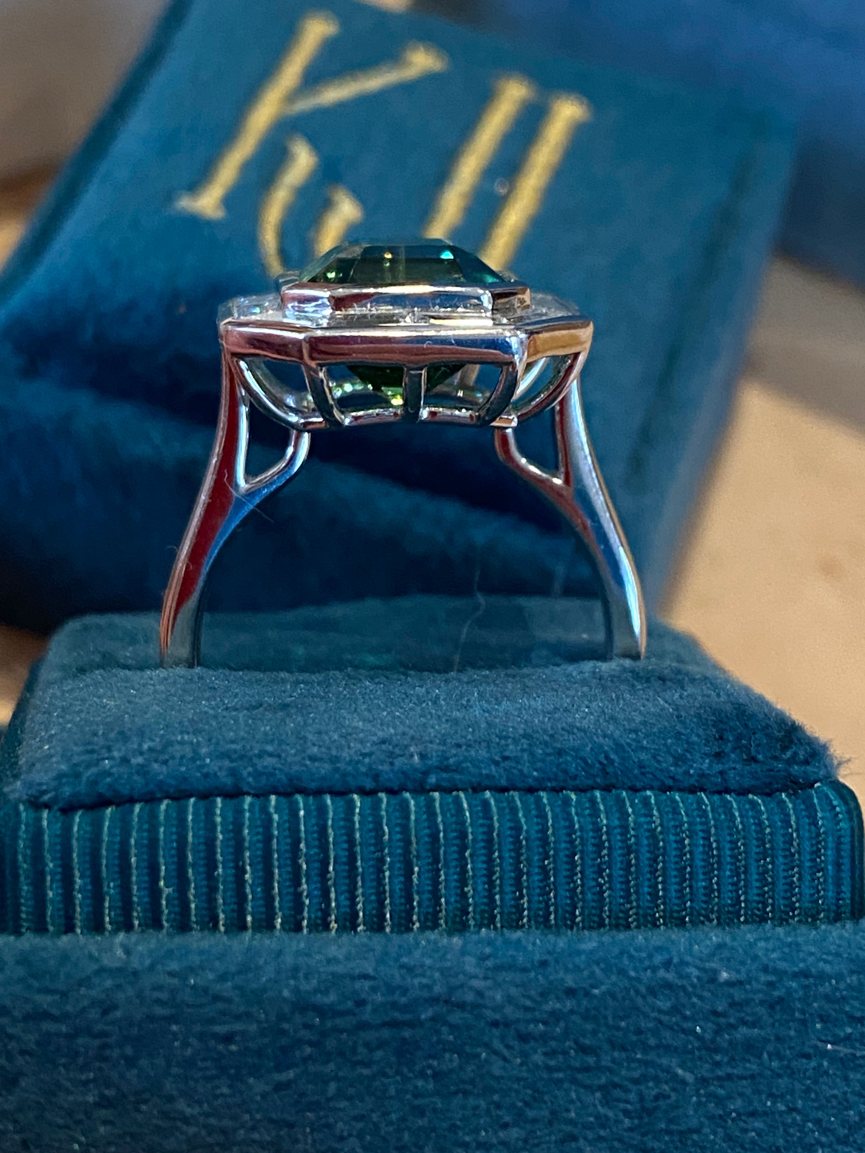 3.98 Carat Mint Tourmaline and 1.15ctw Natural Diamond Ring in Platinum