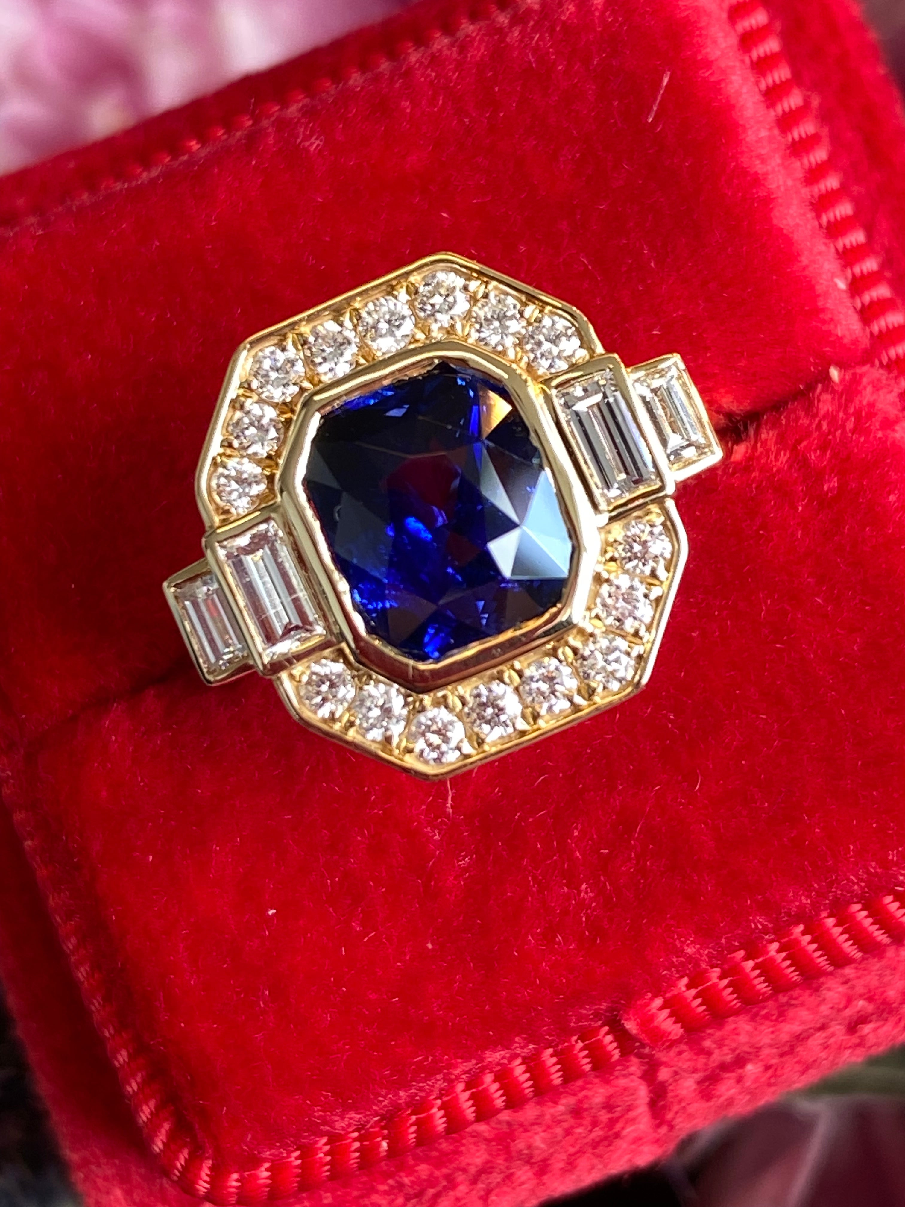 2.28 Carat Cushion Cut Ceylon Sapphire and Natural Diamond Ring in 18ct Yellow Gold