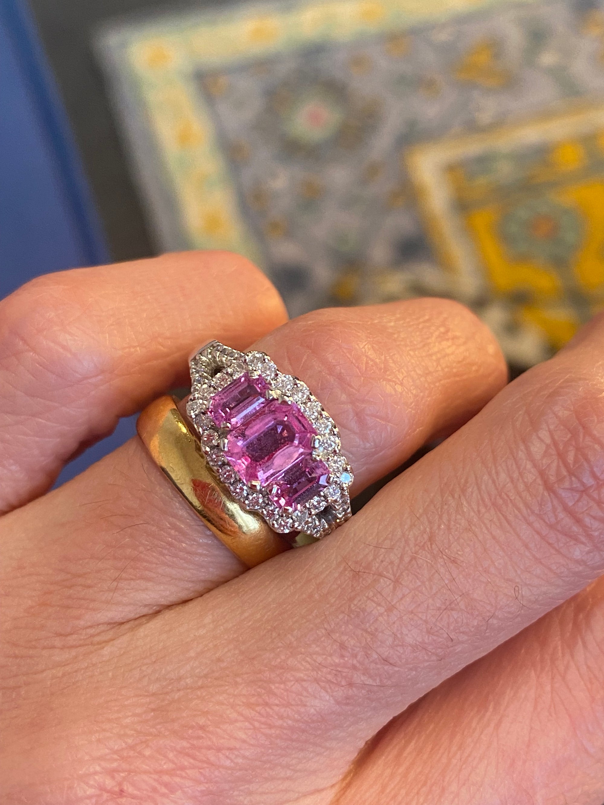 3.50 CTW Pink Sapphire and Natural Diamond Three Stone Ring Set in 18ct White Gold