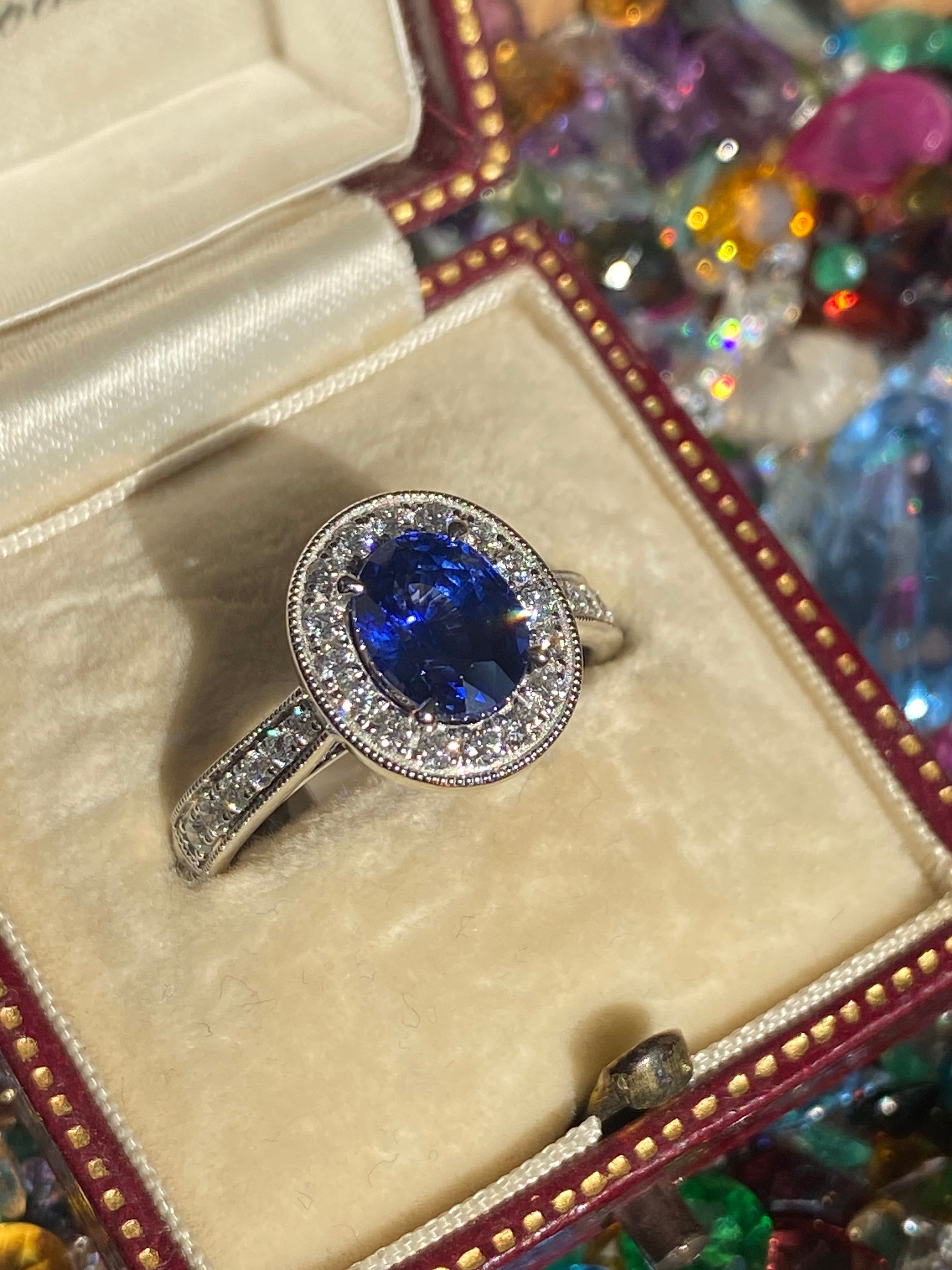 2.14 CTW Blue Ceylon Sapphire and Natural Diamond Halo Ring in Platinum