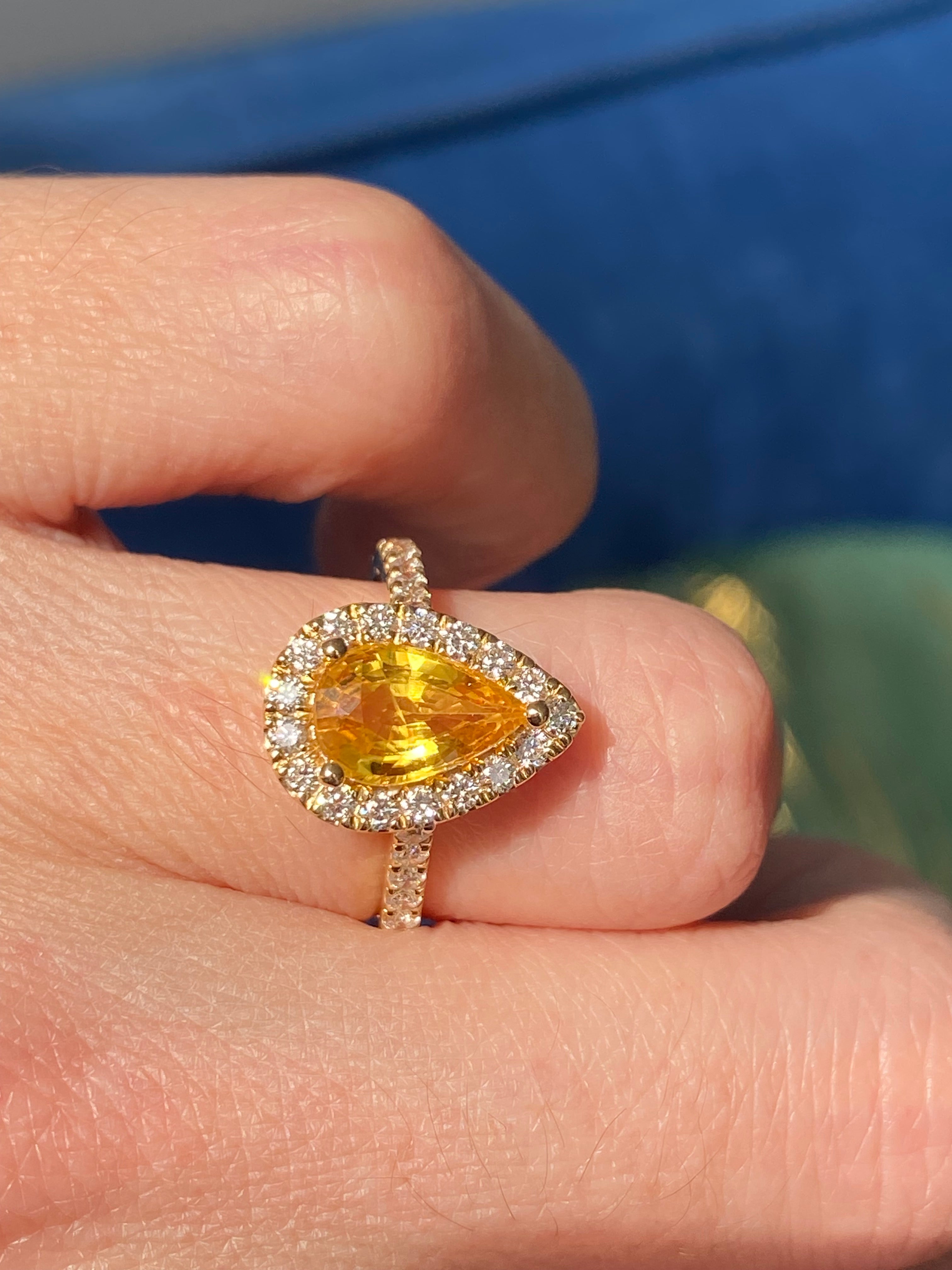 2.72 CTW Pear Cut Orange Sapphire and Natural Diamond Ring in 18ct Yellow Gold