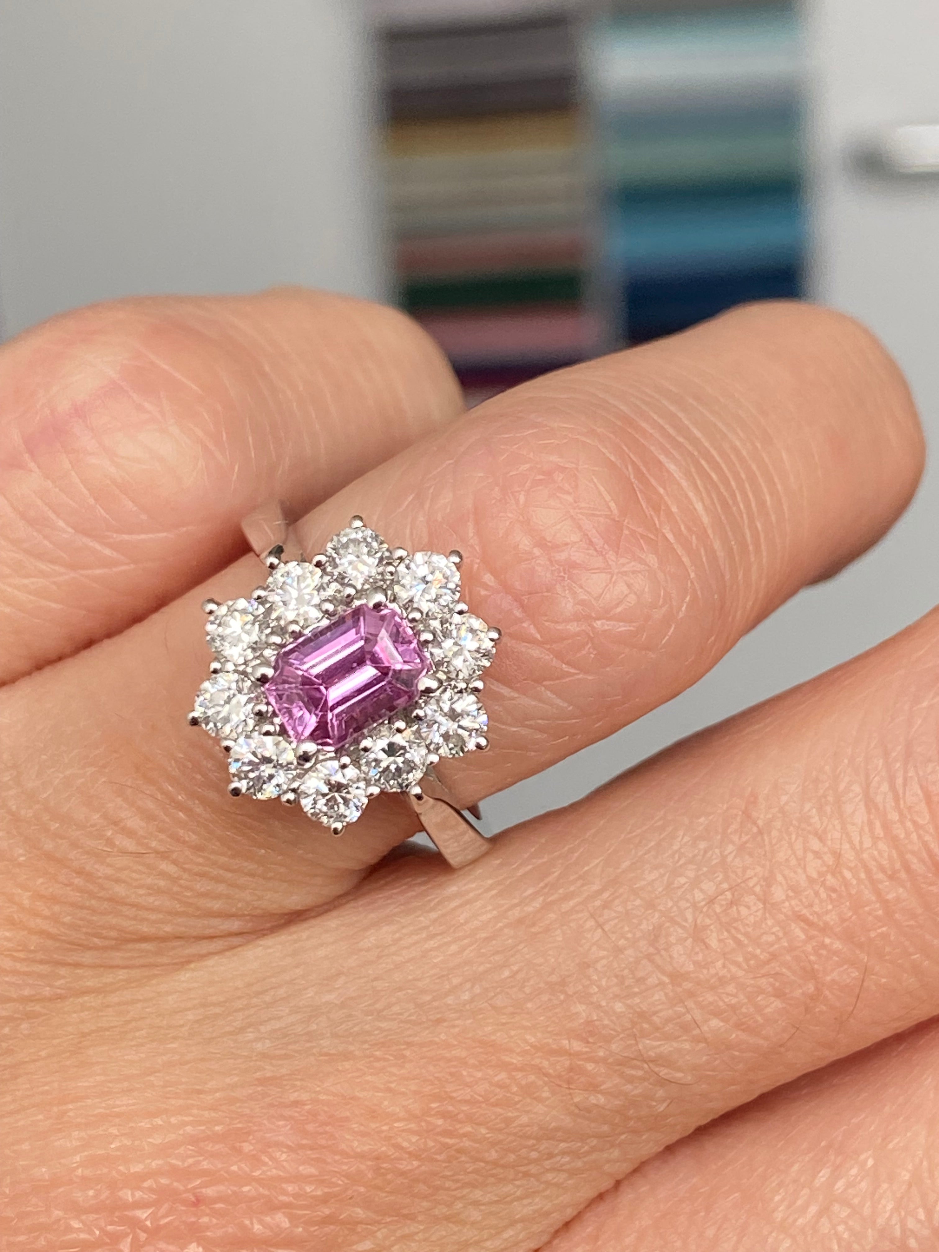 2.33 CTW Emerald Cut Pink Sapphire and Natural Diamond Halo Ring in Platinum