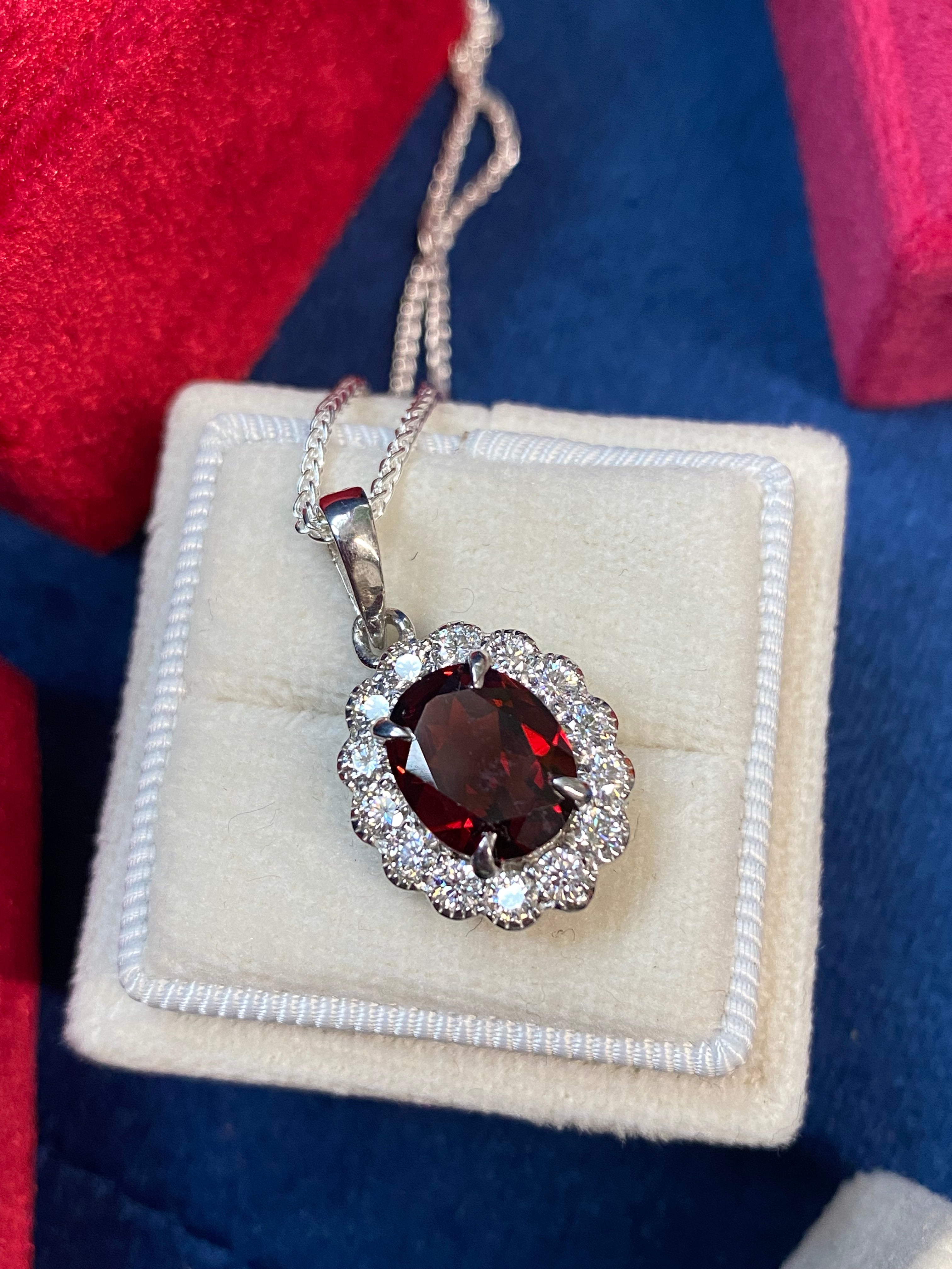 5.00 CTW Garnet and Moissanite Halo Pendant Necklace in Sterling Silver