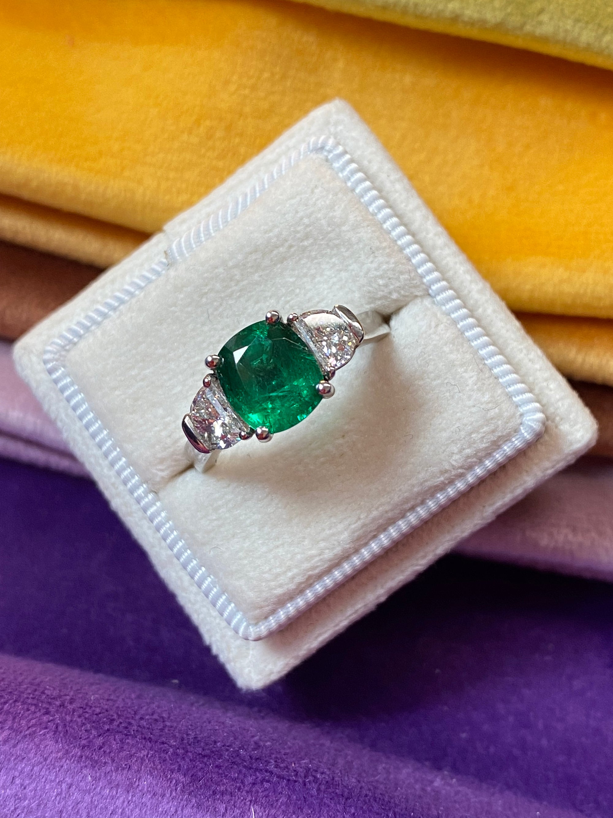 2.77 CTW Colombian Emerald and Natural Diamond Three Stone Engagement Ring Platinum