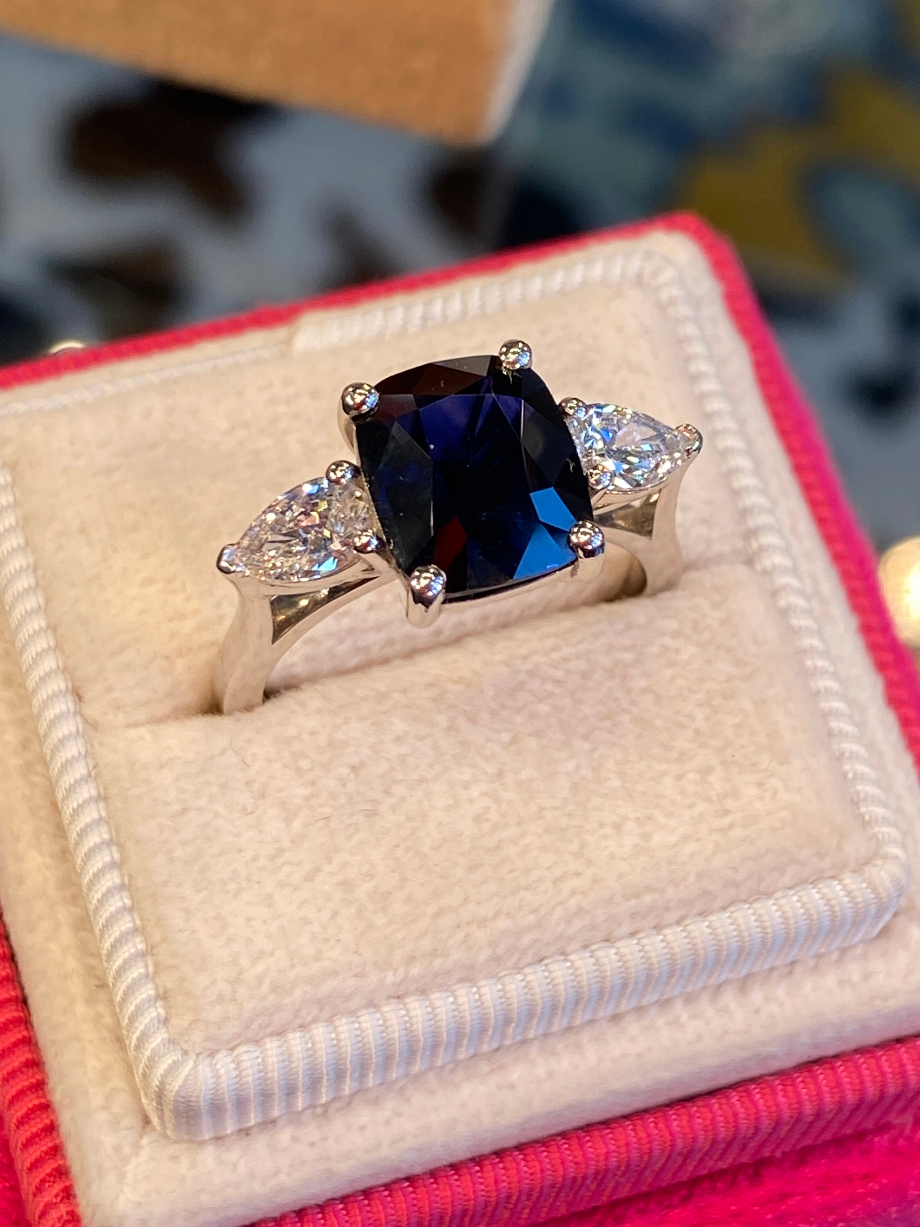 4.04 CTW Deep Blue Ceylon Sapphire and Natural Diamond Three Stone Engagement Ring in Platinum