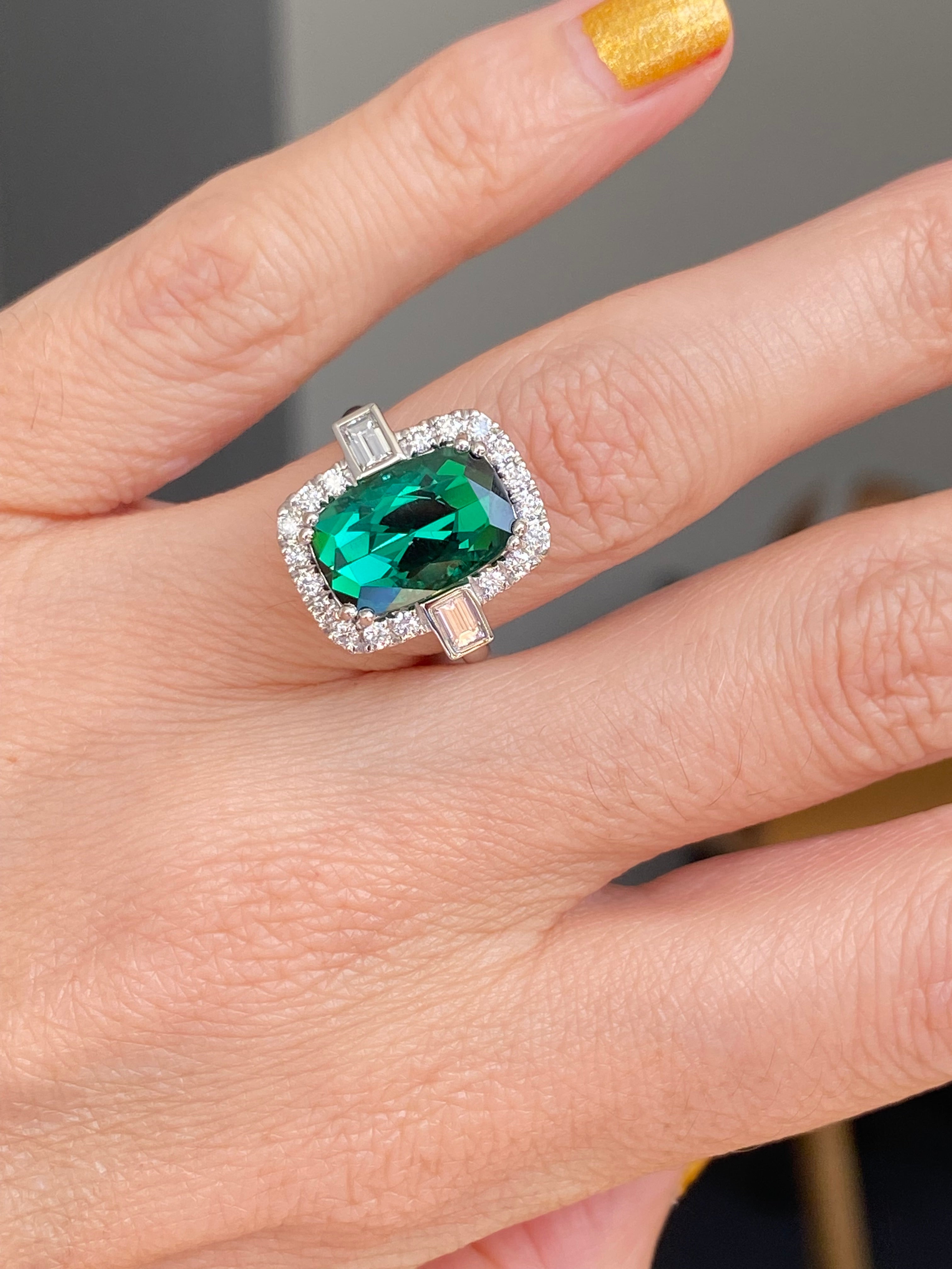 6.35 CTW Cut Teal Tourmaline and Natural Diamond Ring in Platinum