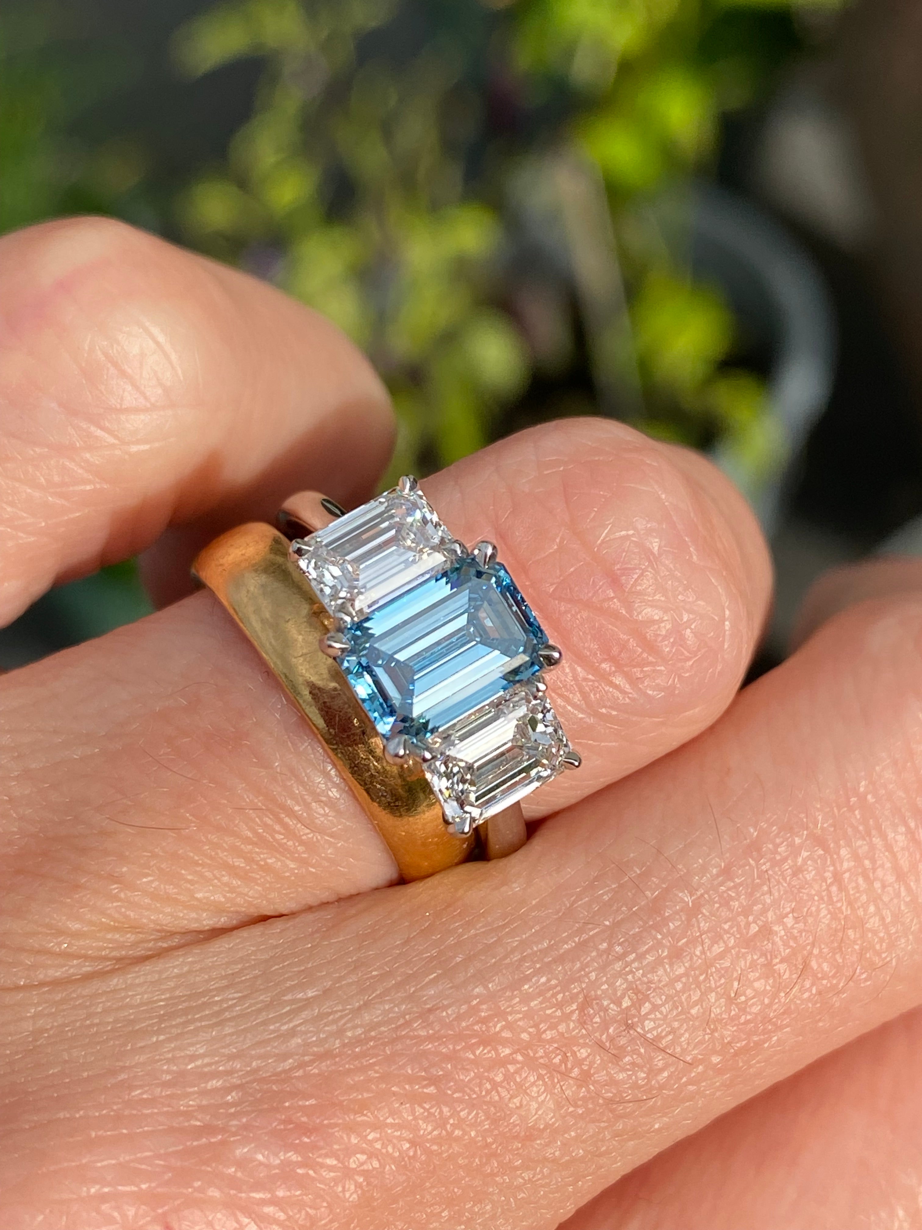 3.15 CTW Fancy Blue Lab Grown Diamond Graduated Three Stone Ring in Platinum