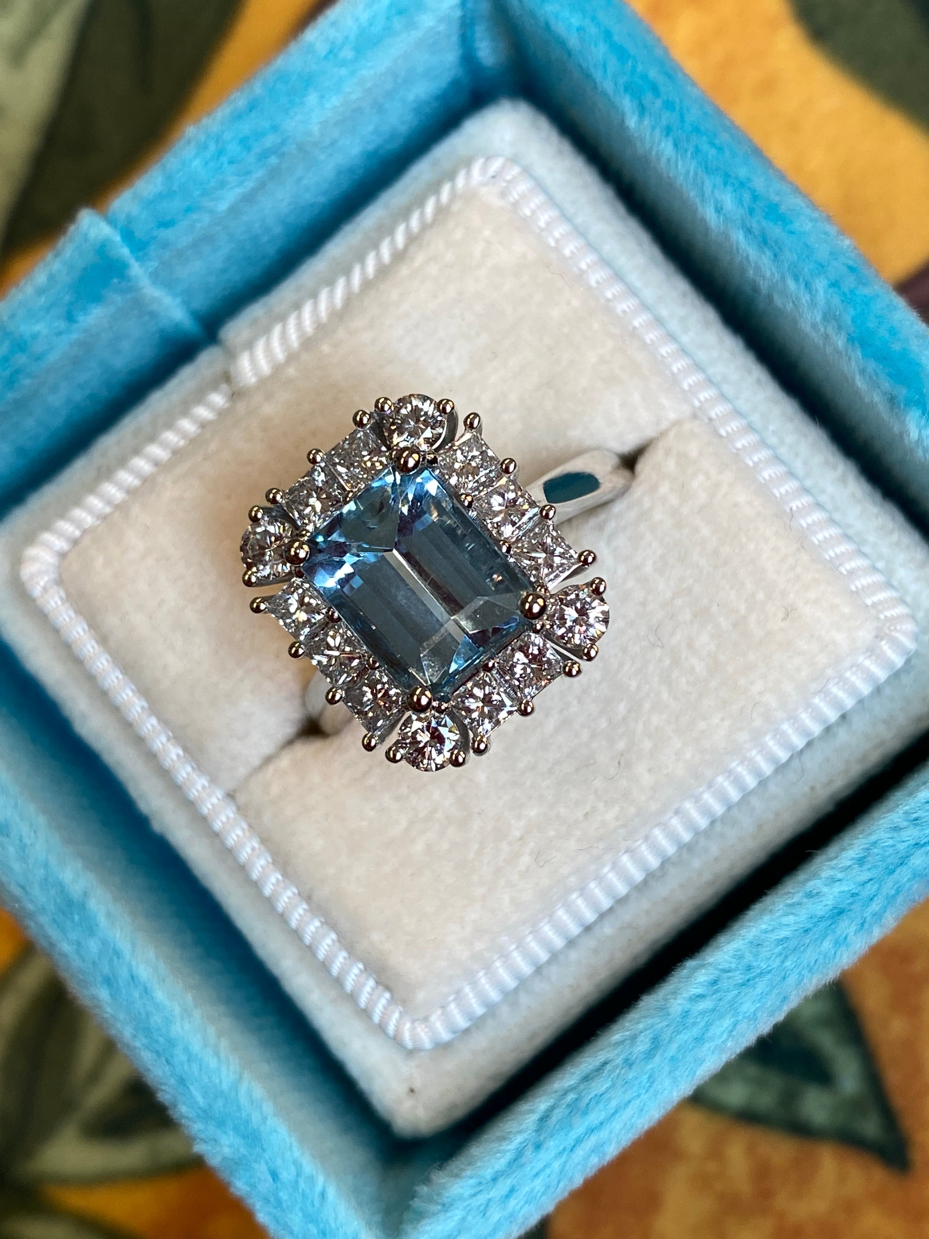 3.12 CTW Emerald Cut Aquamarine and Natural Diamond Halo Engagement Ring in Platinum